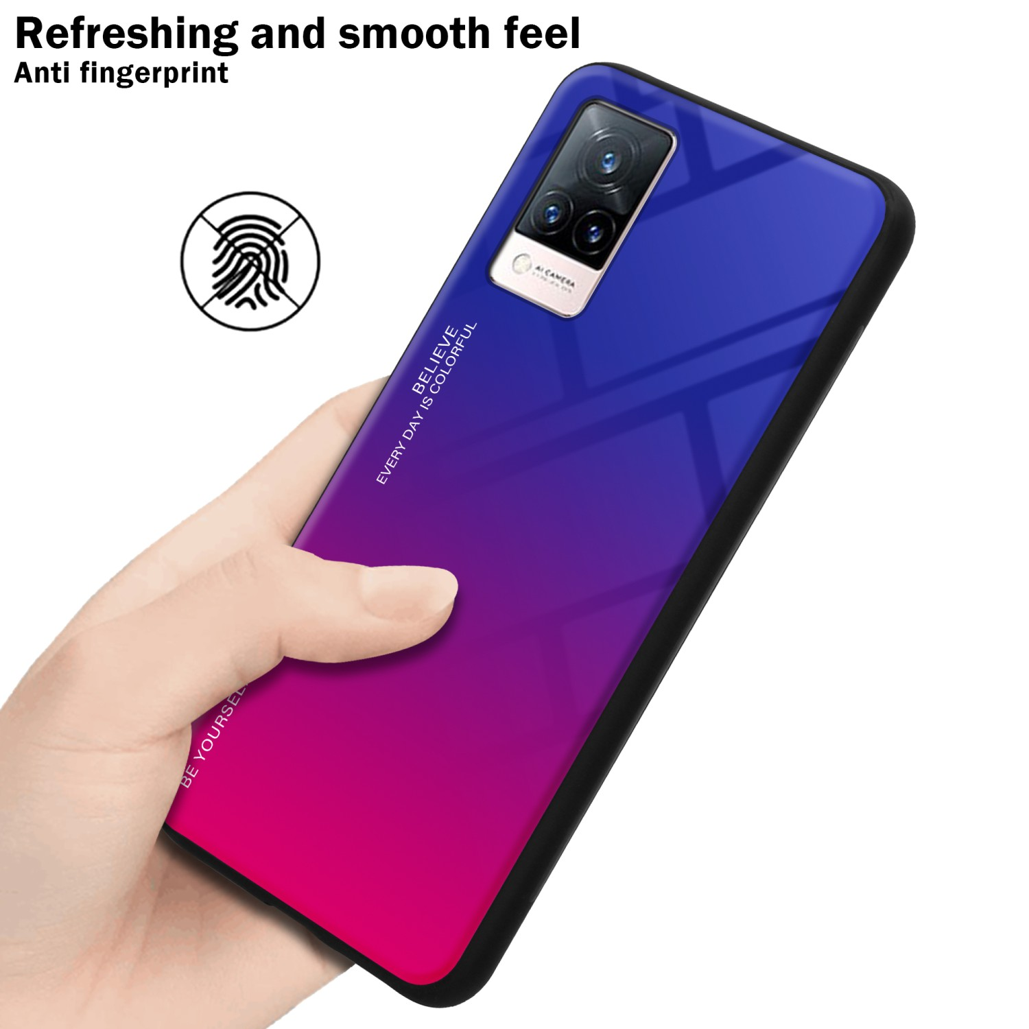 Mano che tiene un telefono con una sfumatura rossa, blu e viola.