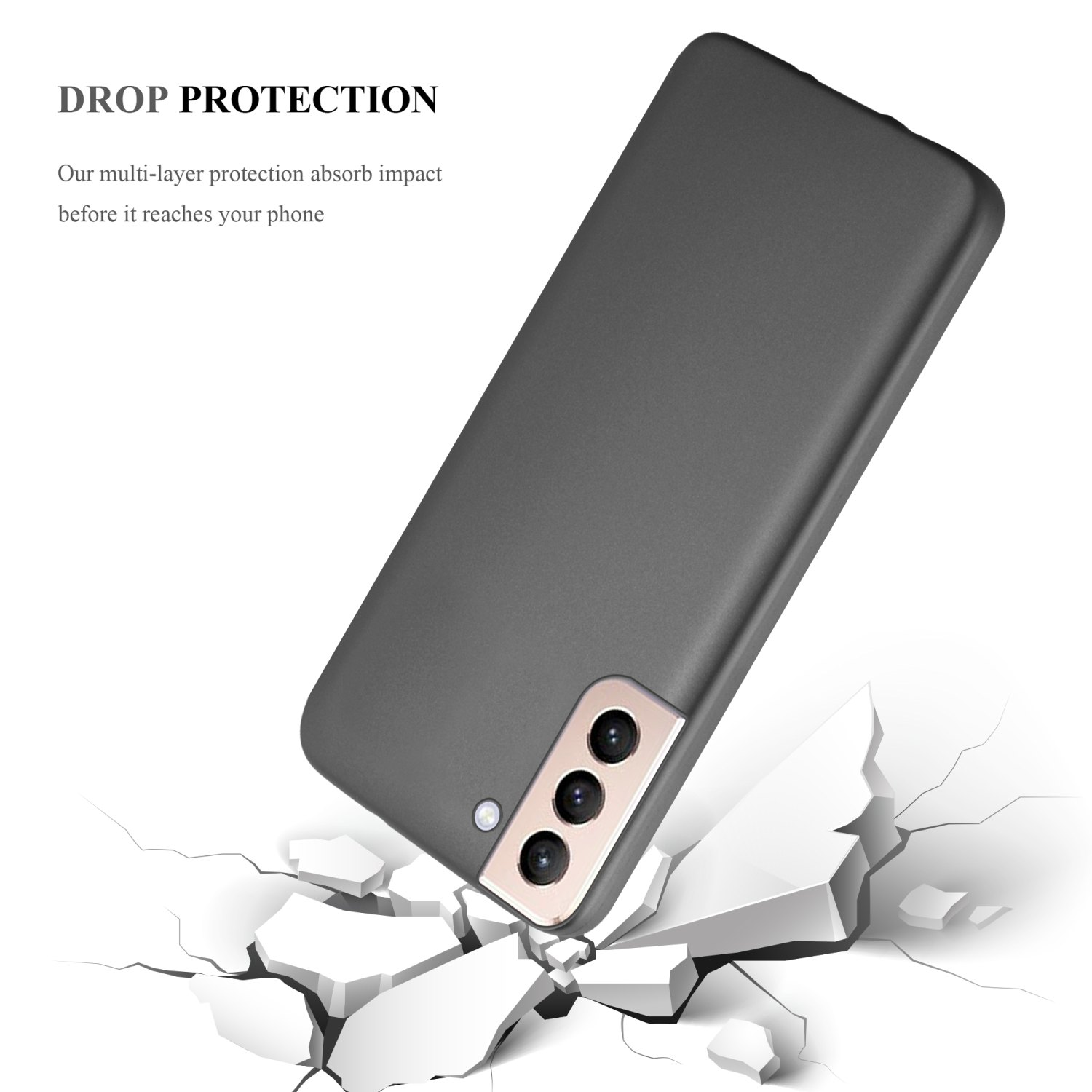 Custodia grigia inclinata, con suolo incrinato. Testo: 'Drop Protection'.