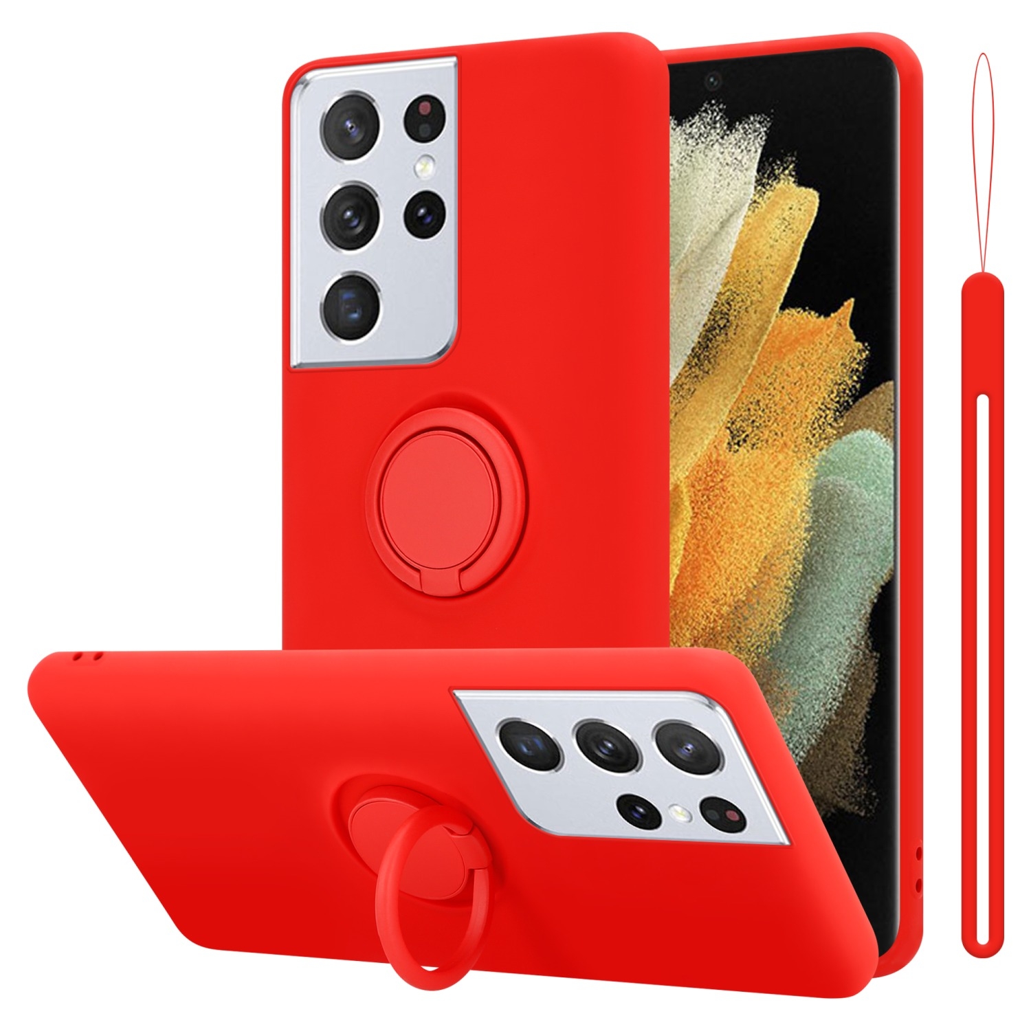 Rote Handyhülle mit Ringhalter und rotem Telefon. Zwei Ansichten auf weißem Hintergrund.