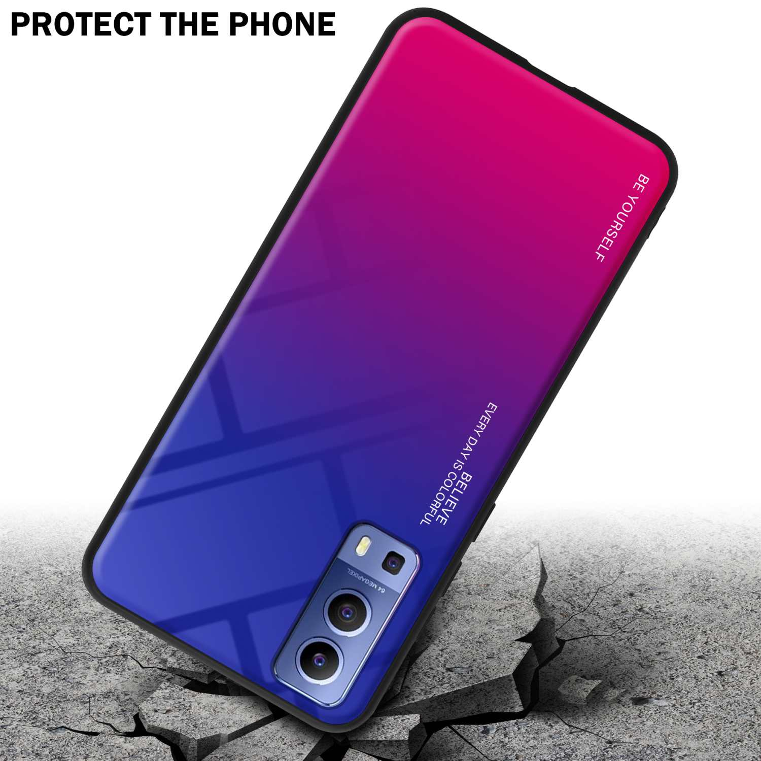 Telefono con retro colorato. Il telefono è sulla schiena con crepe sotto.