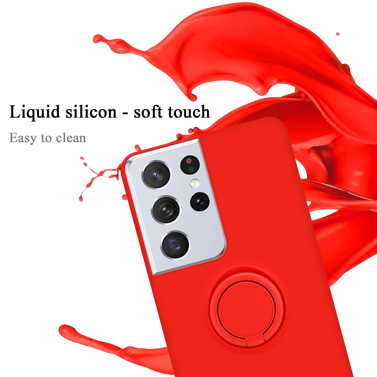 Rote Handyhülle mit Telefon. Roter Farbspritzer im Hintergrund. Weißer Hintergrund.