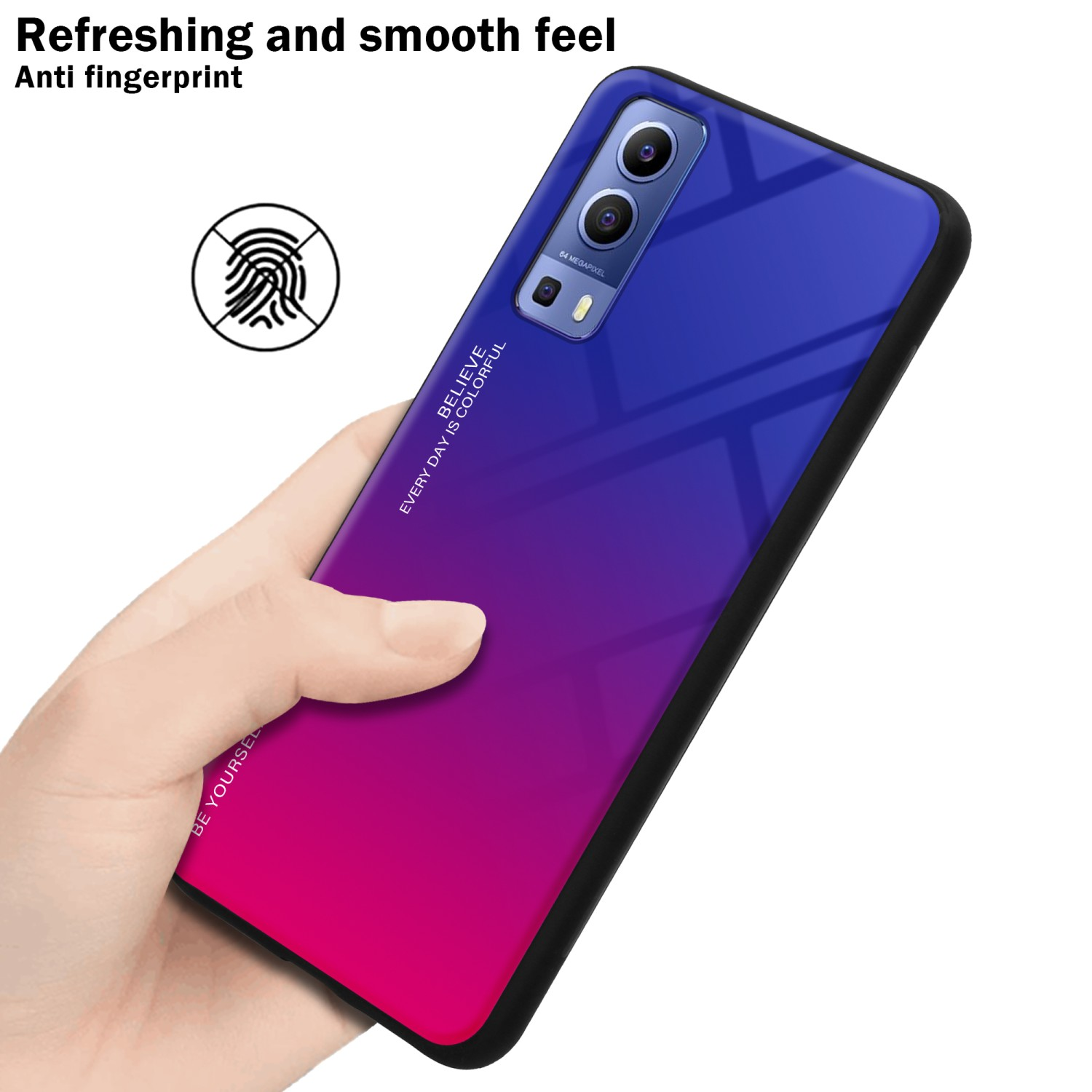 Custodia per telefono con colore sfumato. Mano che tiene il telefono. Testo 'Refreshing and smooth feel'.