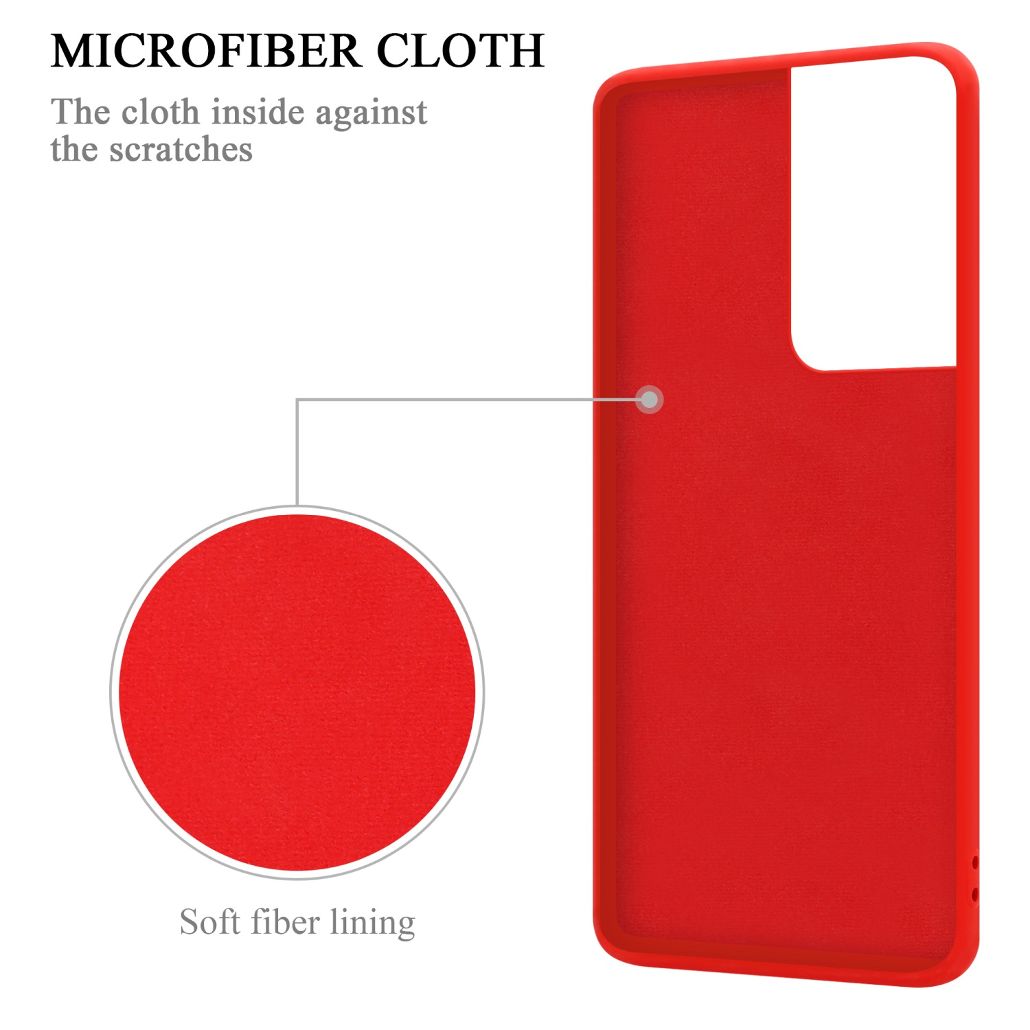 Eine rote Handyhülle mit Mikrofaser-Tuch-Detail. Weiches Faserfutter ist angegeben.