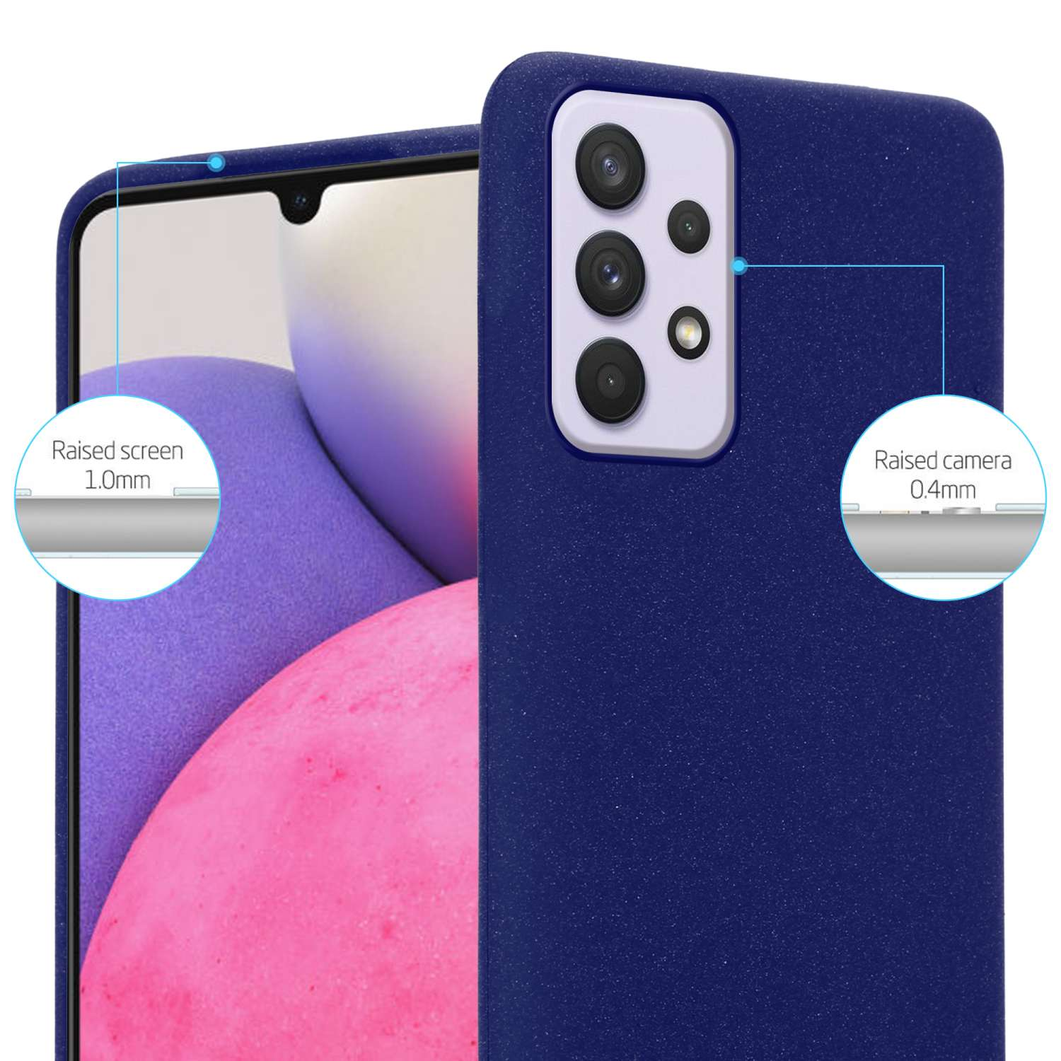 Blaue Handyhülle mit Telefon. Zeigt erhöhten Bildschirm und Kamera zum Schutz.