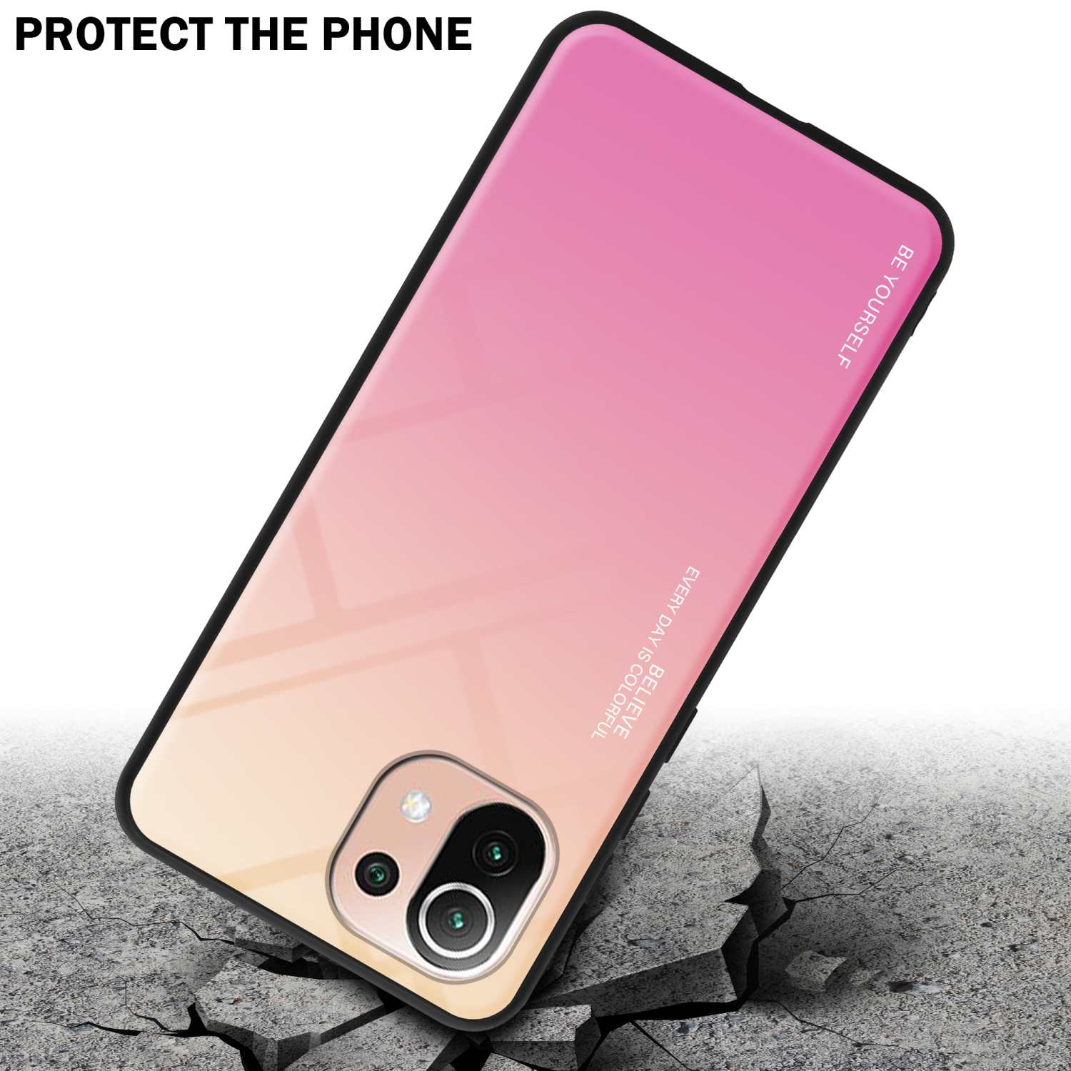 Custodia per telefono con sfumatura rosa e gialla, bordo nero, su cemento crepato.