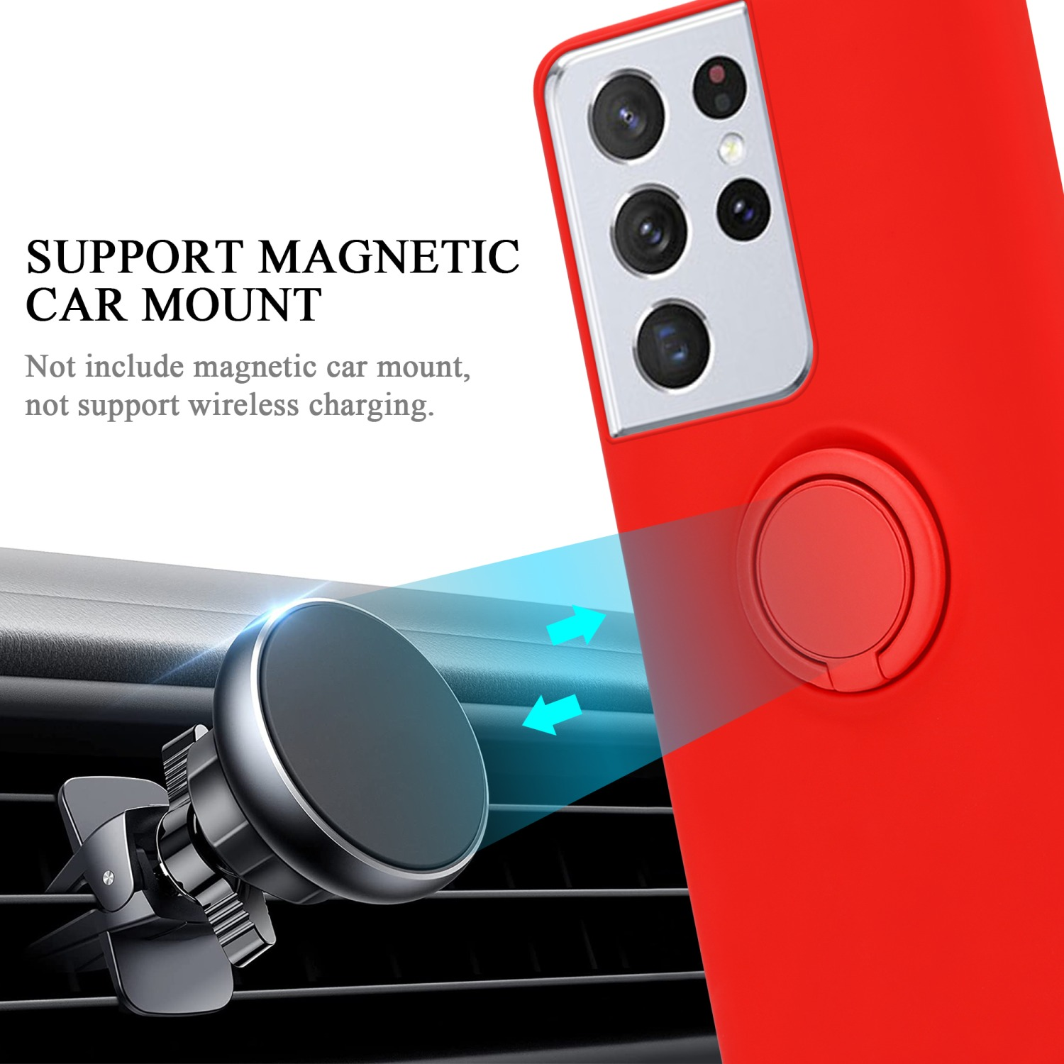 Rote Handyhülle mit magnetischer Autohalterung. Pfeile zeigen Magnetanziehung.
