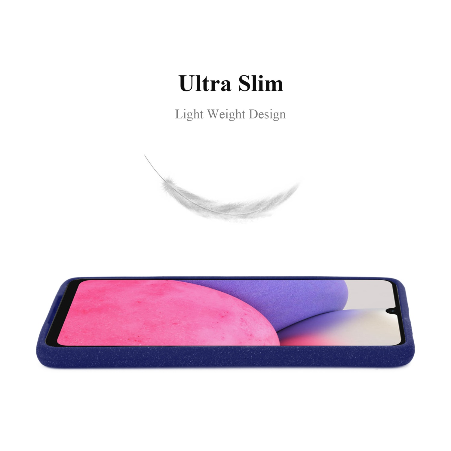 Blaue Handyhülle, niedriger Winkel. Das Telefon im Inneren hat einen lila Hintergrund.