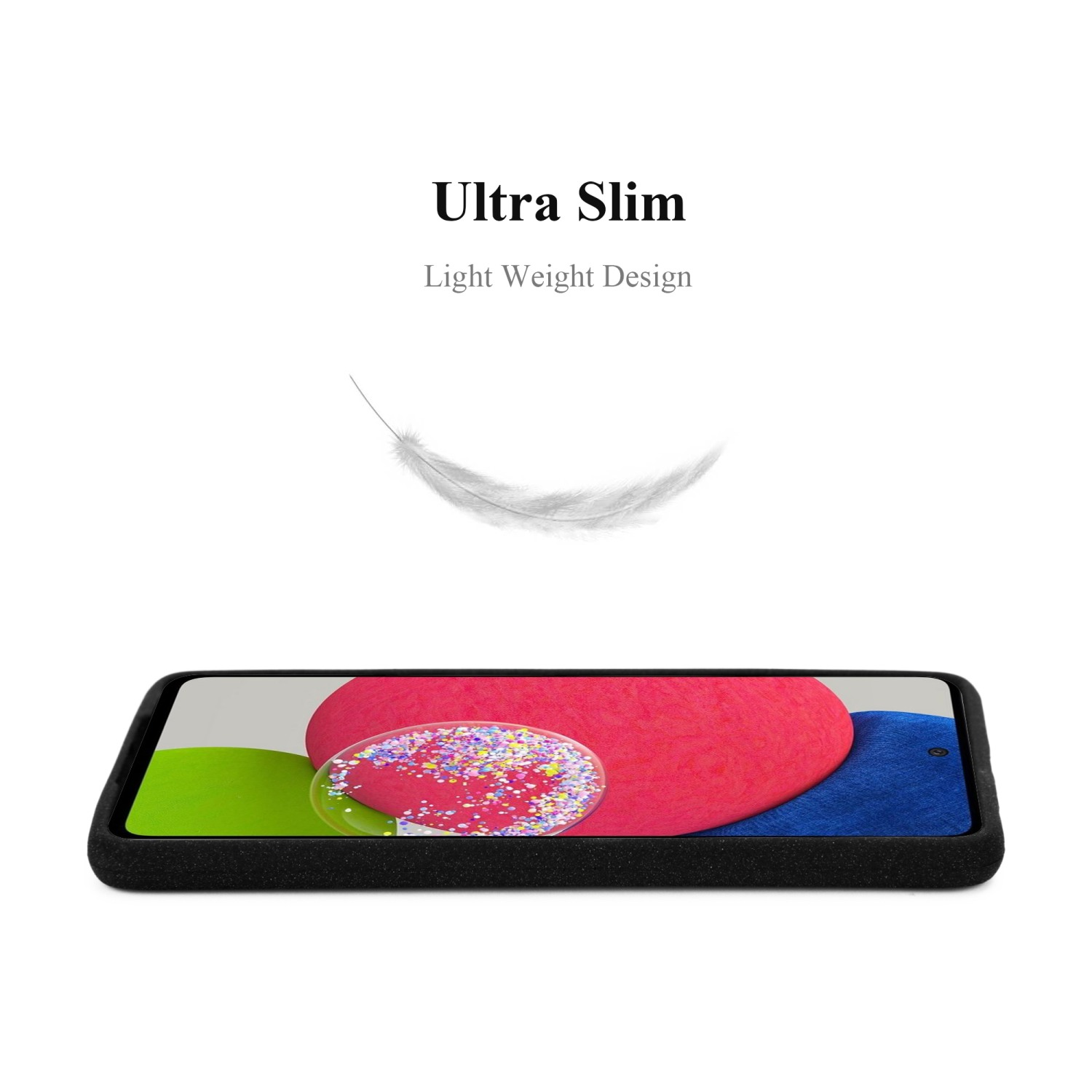Telefono in custodia nera, con grafica a forma di piuma. Testo: Ultra Slim. Design leggero.