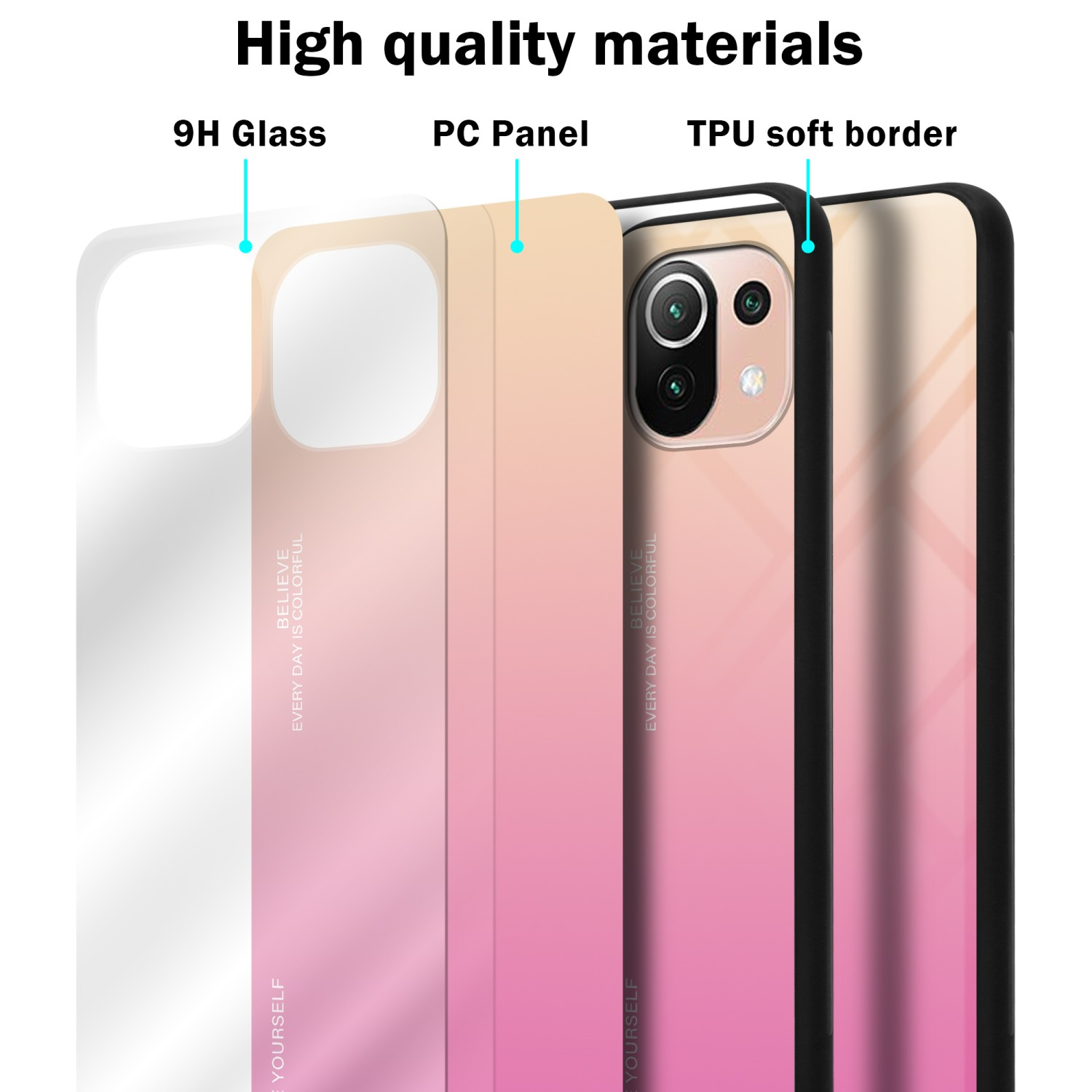 Strati di materiali della custodia del telefono: vetro 9H, pannello PC, bordo morbido in TPU. Testo: Materiali di alta qualità.