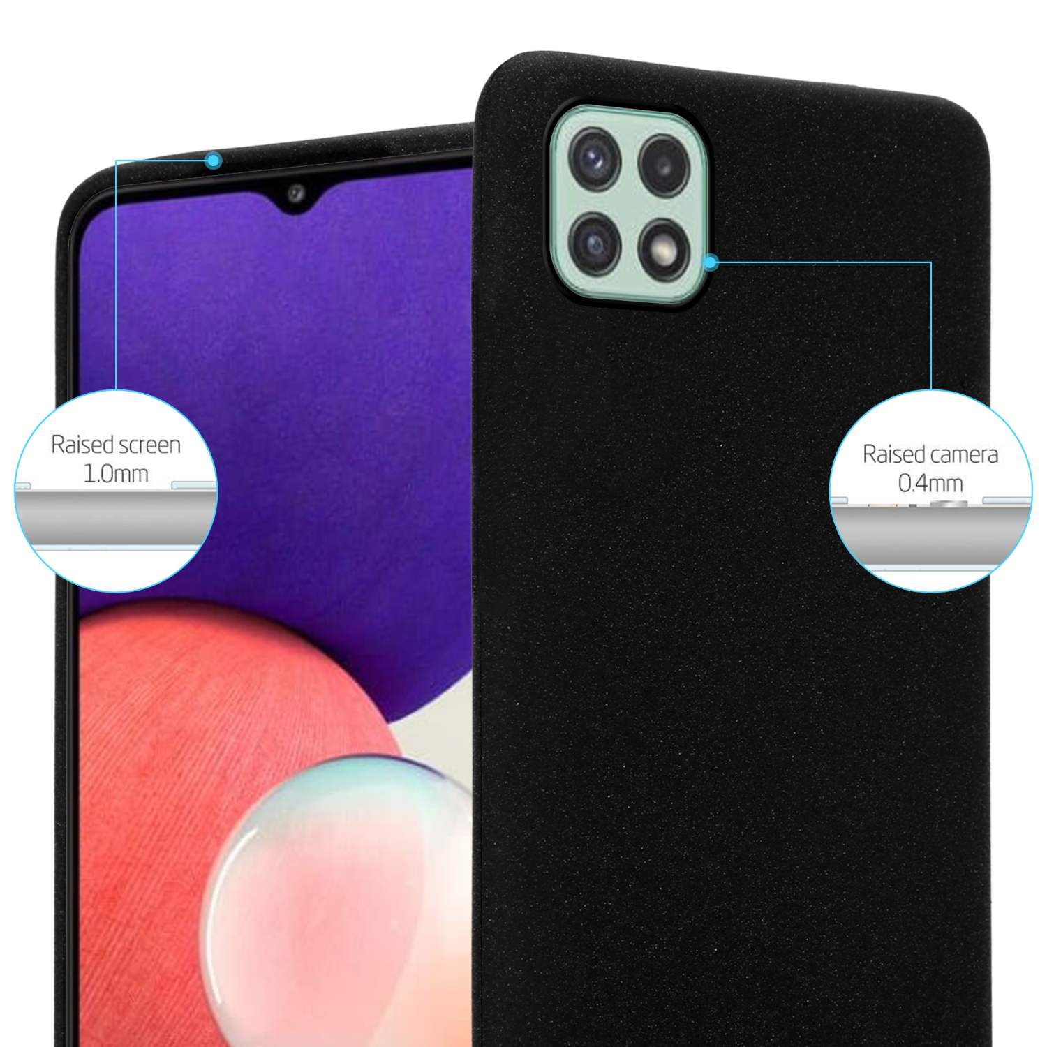 Custodia per telefono nera con dettagli di protezione dello schermo e della fotocamera. Mostra bordi rialzati dello schermo e della fotocamera.