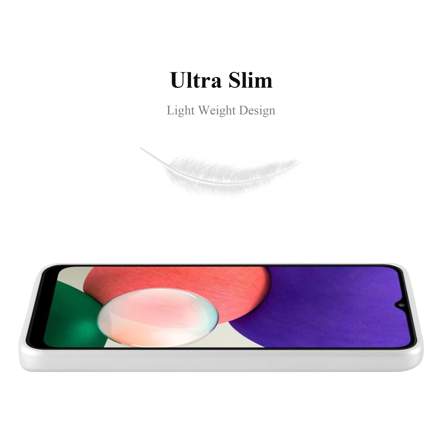 Custodia per telefono color pesca con un telefono dentro, aperta, che mostra lo schermo.