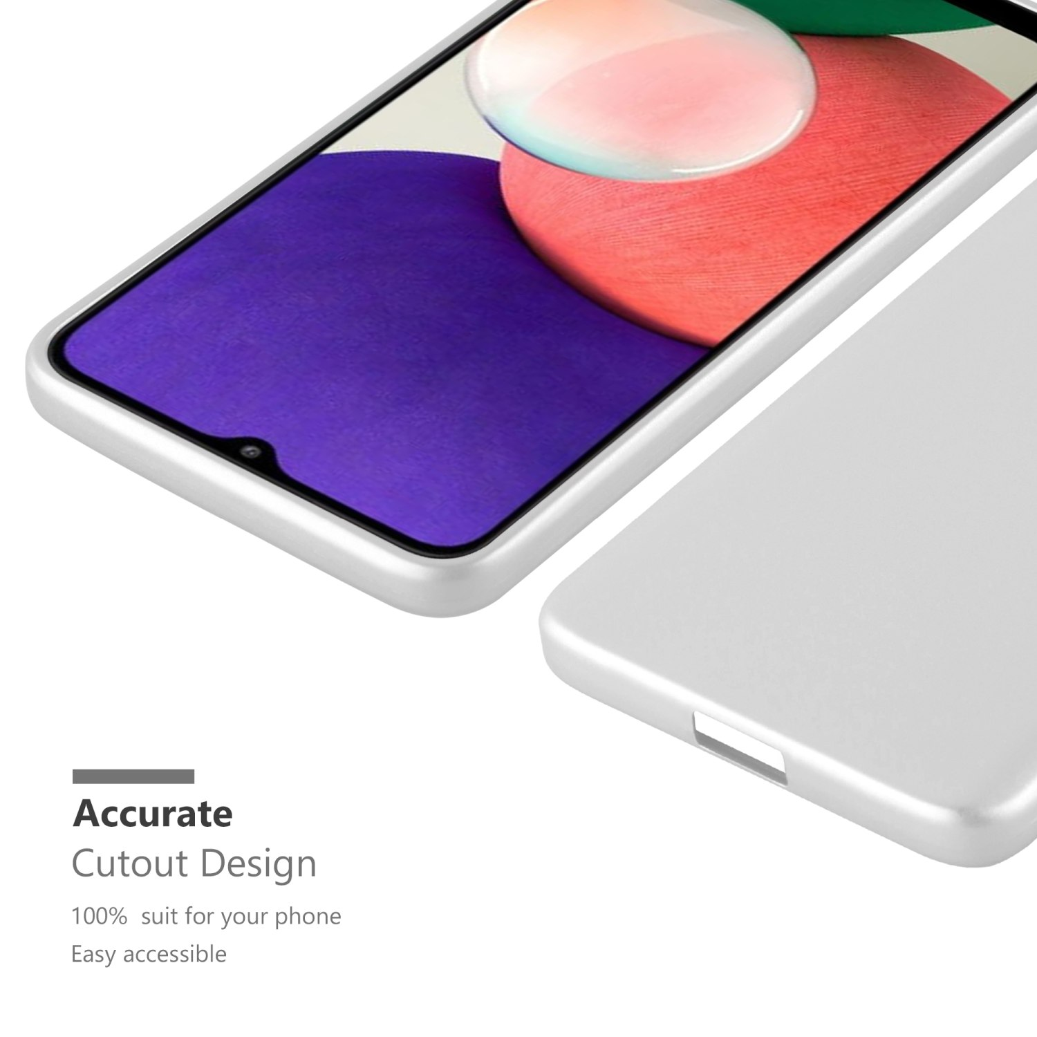 Custodia argentata. Un telefono è all'interno. Mostra il testo Accurate Cutout Design.