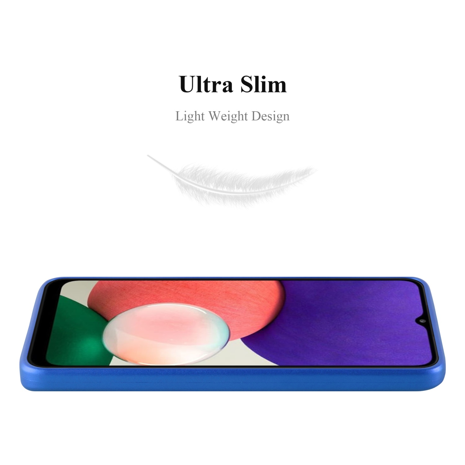 Blaue Handyhülle mit Telefon. Weißer Hintergrund. Beworben als ultra schlank und leicht.