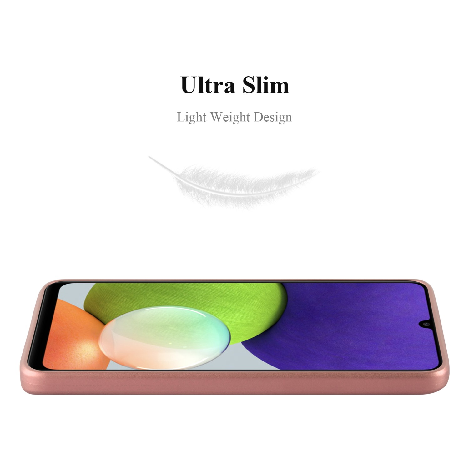 Una custodia rosa per telefono con un telefono all'interno. Sopra il telefono, le parole 'Ultra Slim' e 'Light Weight Design'.