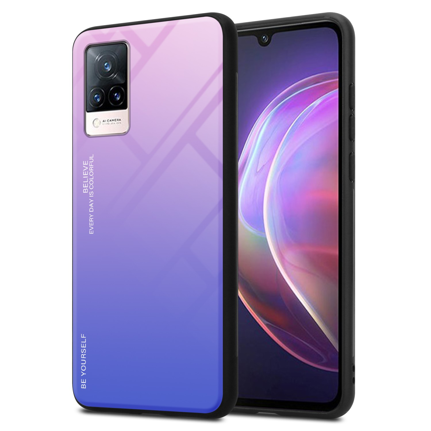 Custodia per telefono con gradiente di colore dal viola al blu. Il telefono è visibile all'interno della custodia.