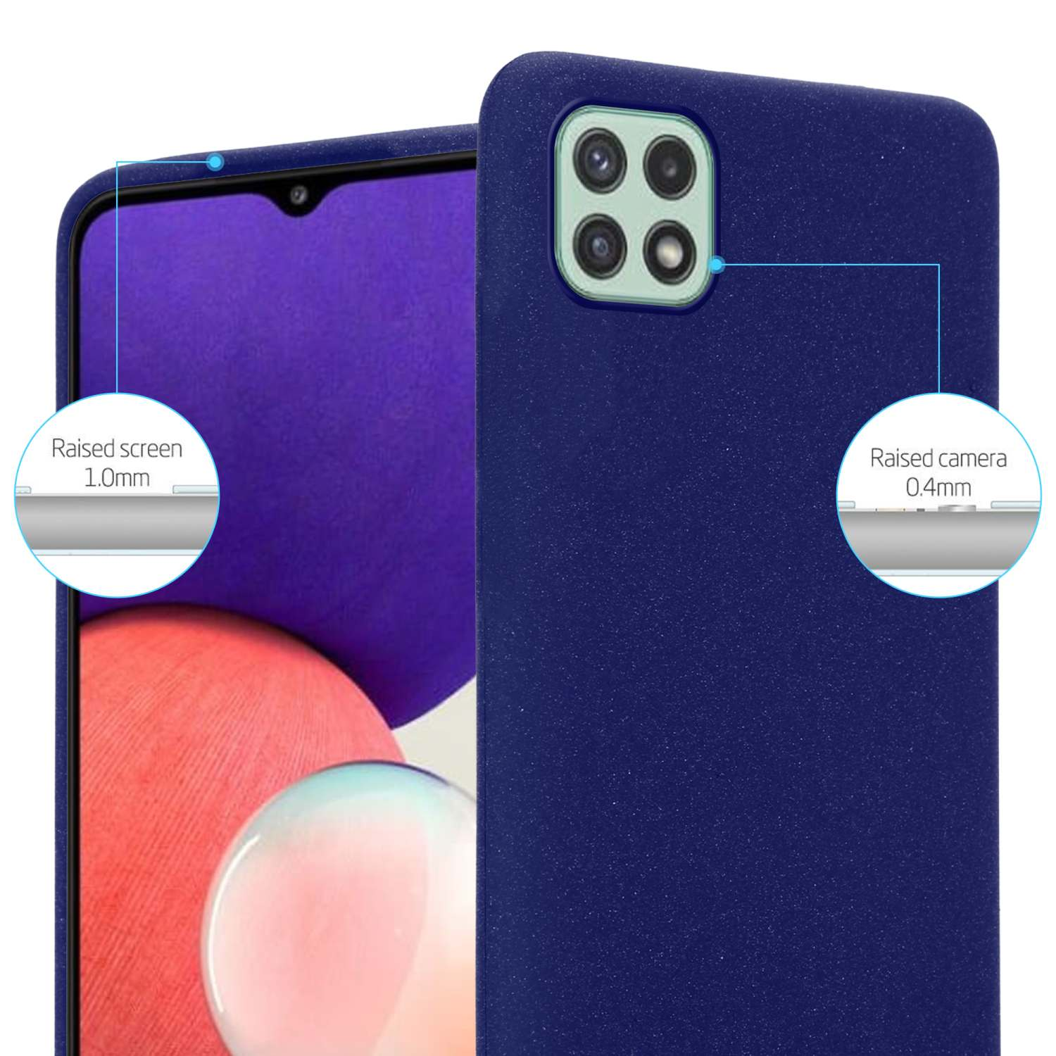 Una custodia per telefono blu scuro, primo piano. Mostra un'area della fotocamera e il bordo dello schermo, con bordi rialzati per la protezione.