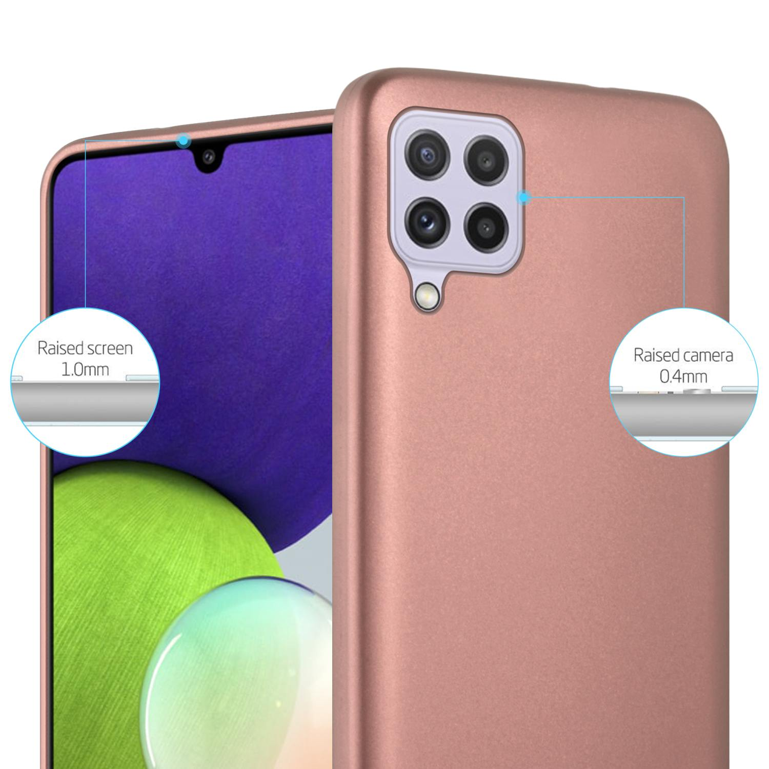 Custodia rosa con dettagli fotocamera e schermo. Etichette indicano bordi rialzati.