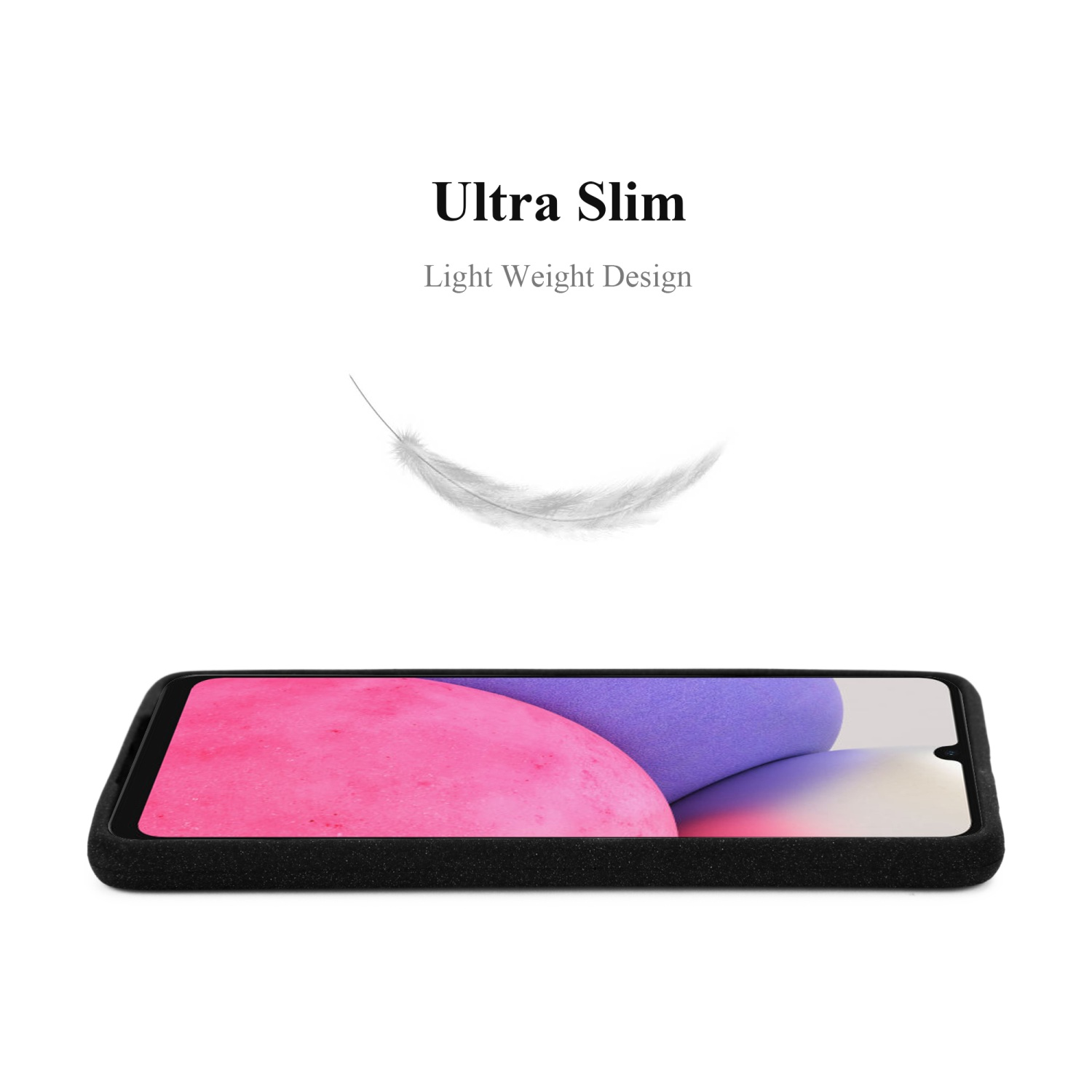 Schwarze Handyhülle mit Telefon. Das Telefon hat einen lila-rosa Farbverlauf. Eine Feder über dem Telefon.