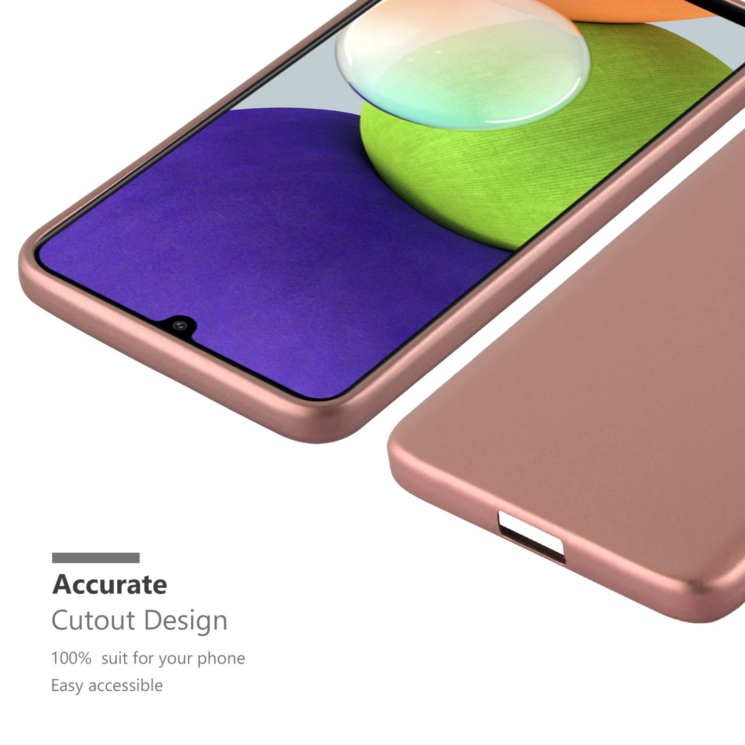 Custodia per telefono oro rosa. La custodia circonda il telefono. Design ritagliato per un facile accesso.
