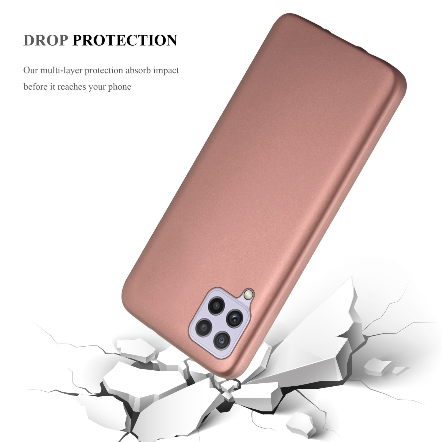 Custodia per telefono oro rosa su un terreno crepato, che mostra la protezione dalle cadute.