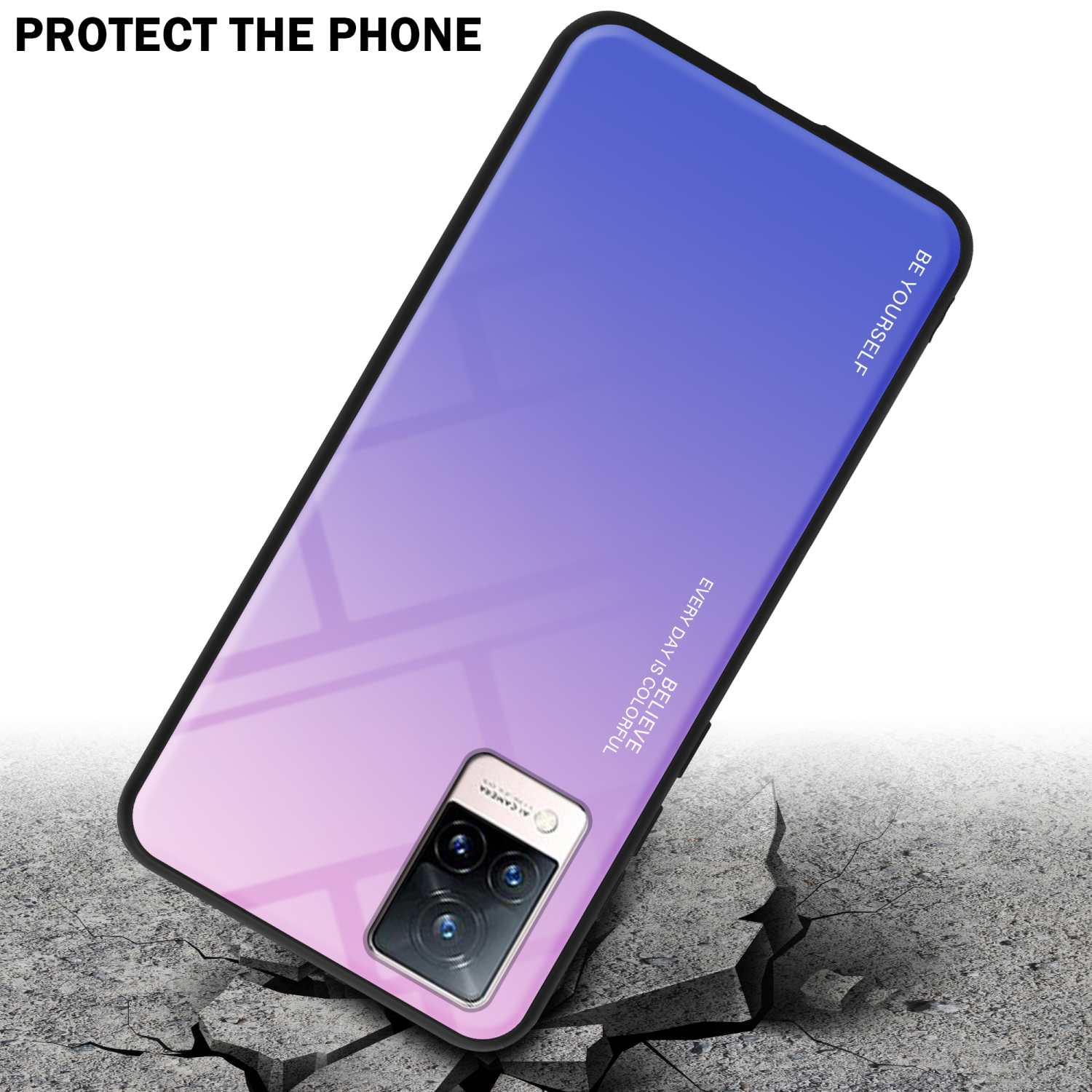 Una custodia per telefono con un design sfumato blu e viola. Il telefono è su una superficie incrinata.