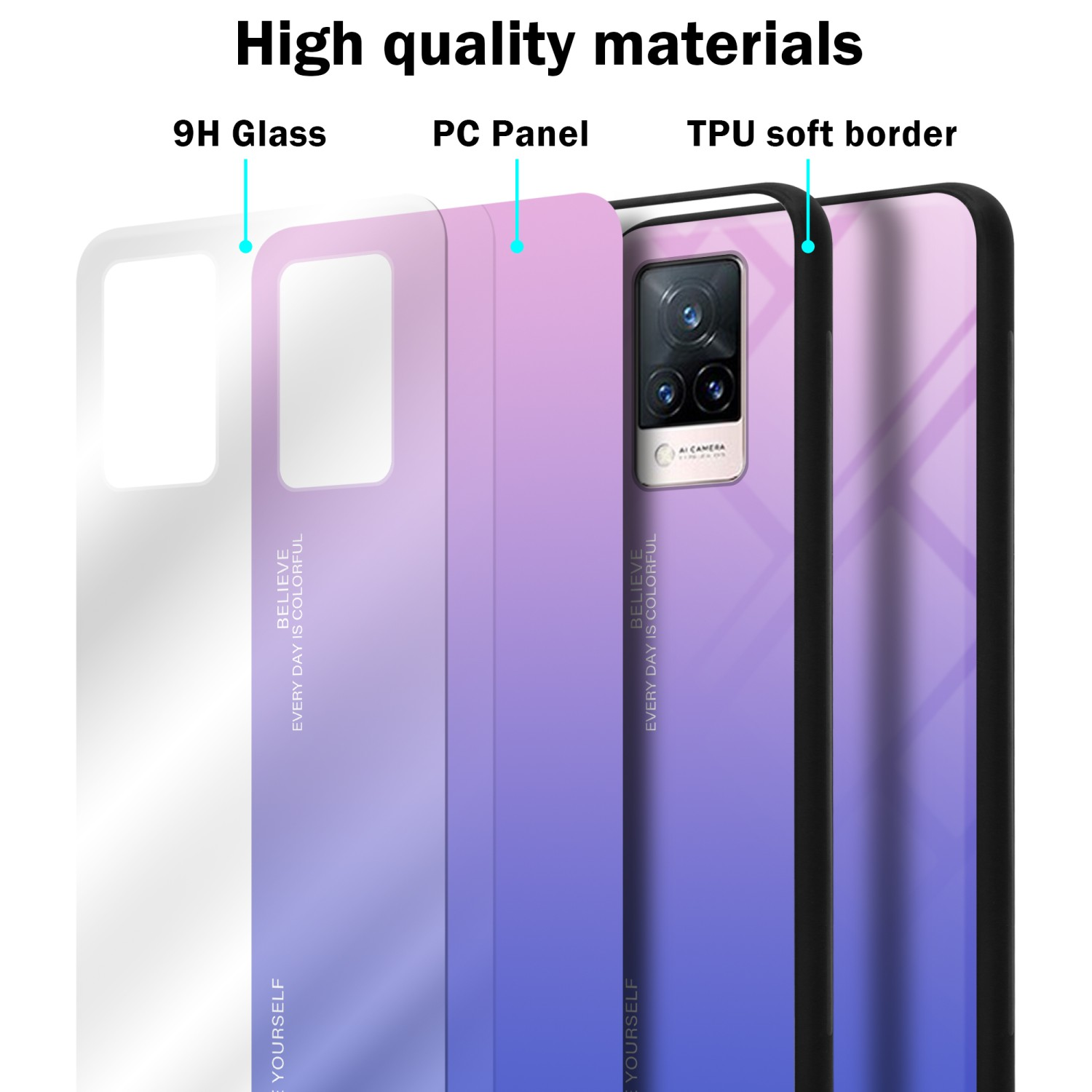 Custodia per telefono con vetro 9H, pannello PC e bordo morbido in TPU, design sfumato.