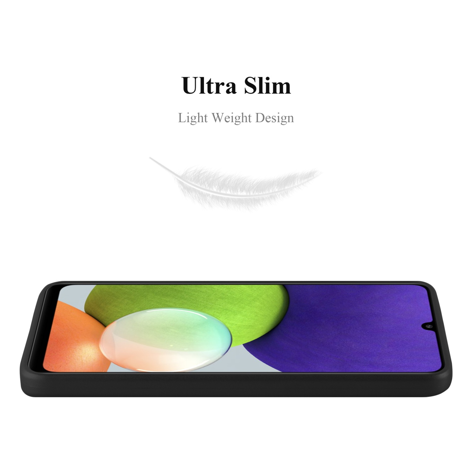 Custodia nera per telefono con un telefono all'interno. Testo ULTRA SOTTILE visibile. Una grafica a forma di piuma è sopra il telefono.