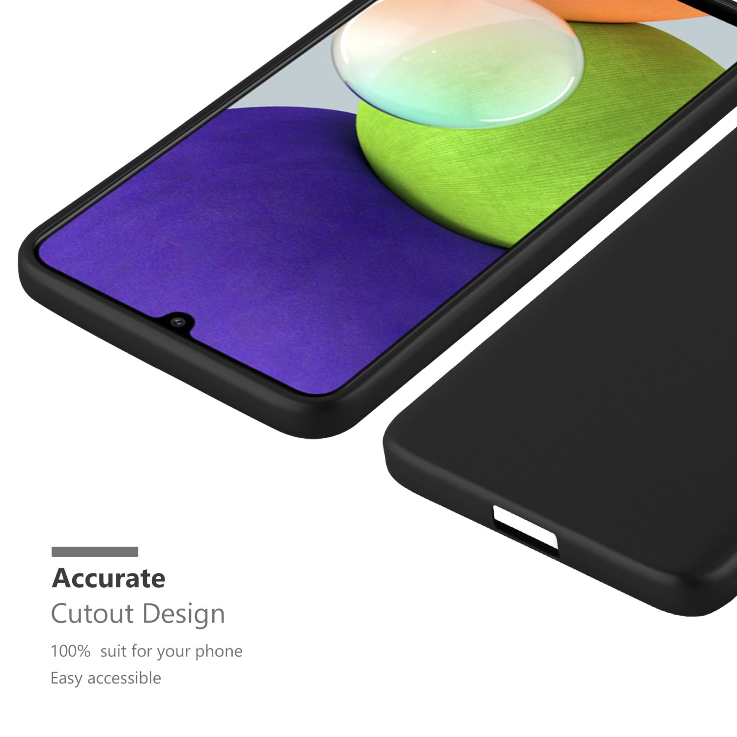 Una custodia per telefono nera con un telefono all'interno. Lo schermo del telefono mostra un'immagine con colori verdi e arancioni.