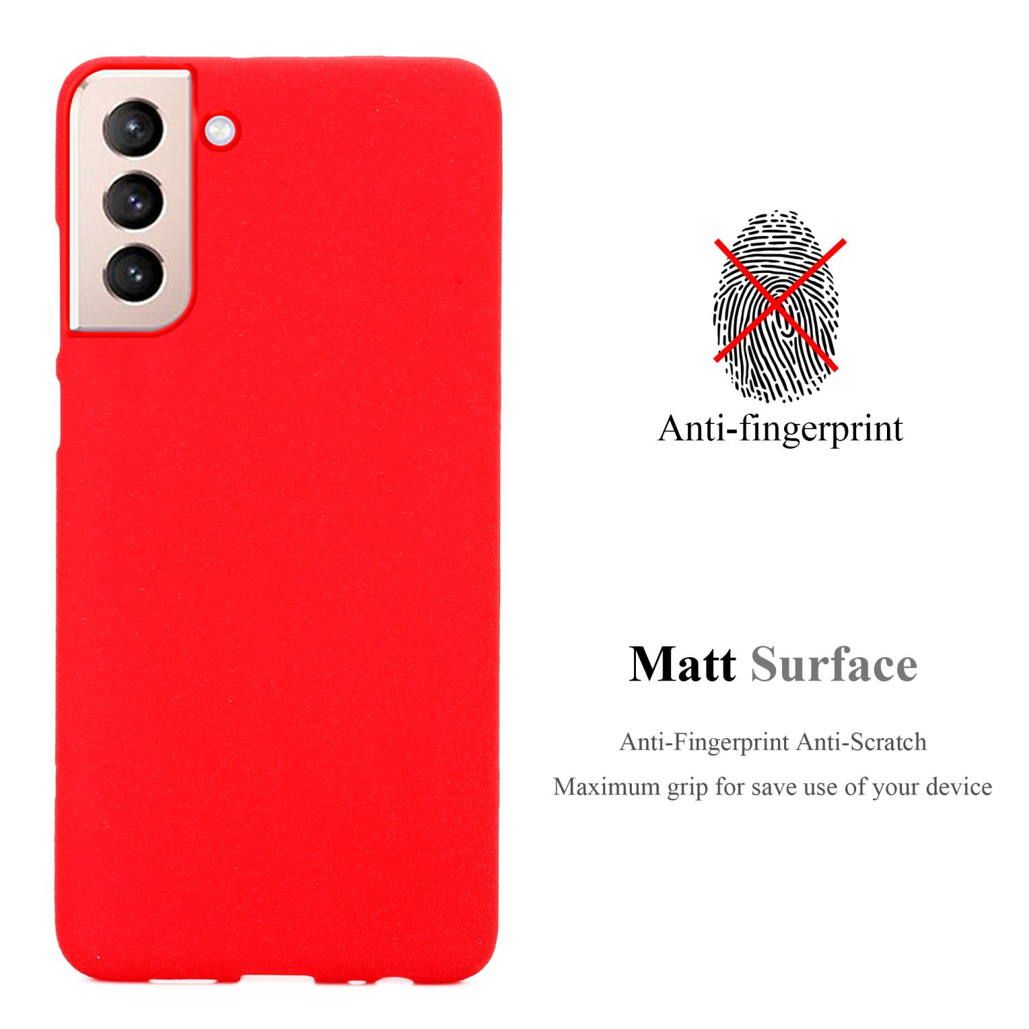 Custodia rossa per telefono con un telefono sopra. Testo: Anti-impronte. Superficie opaca.