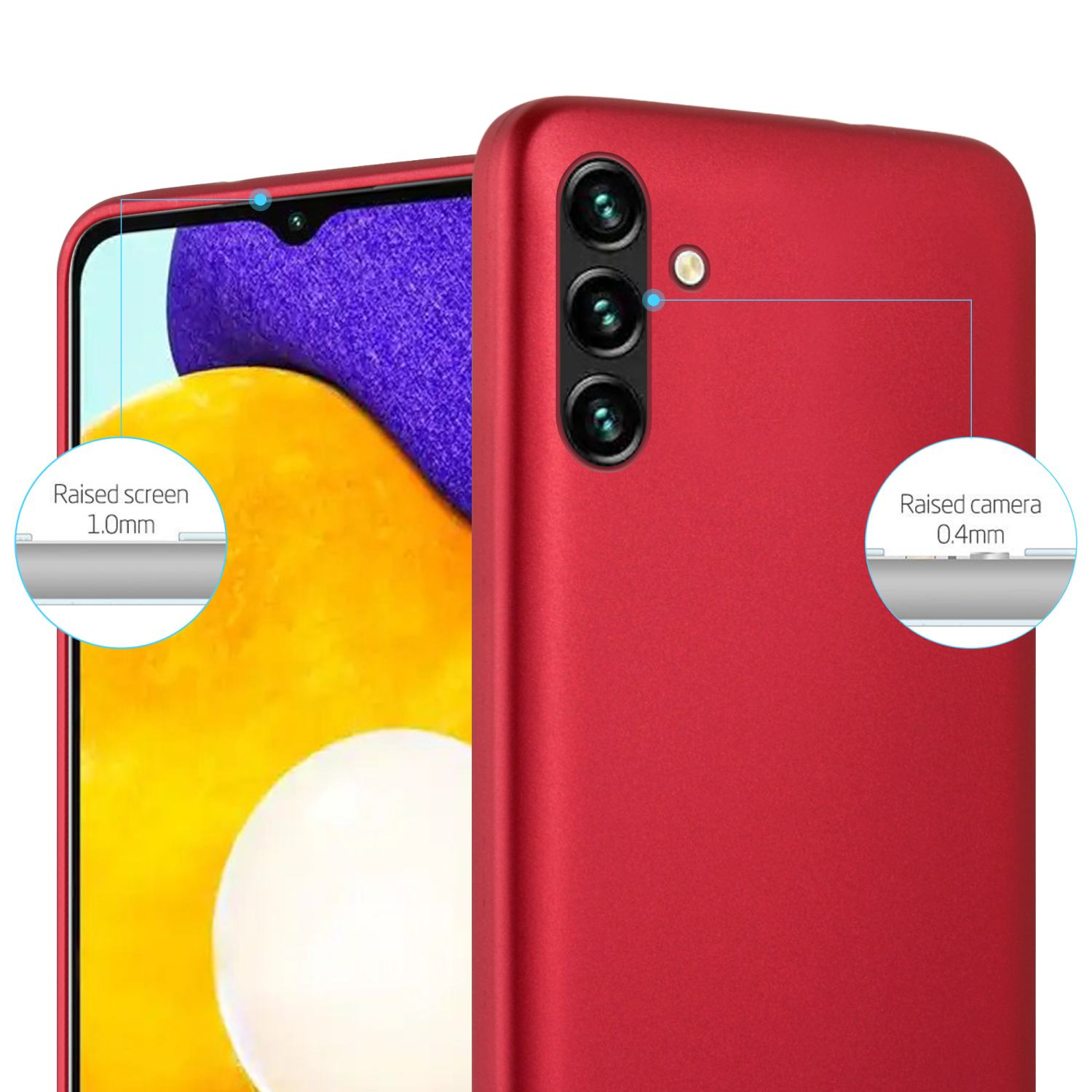 Rote Handyhülle mit erhöhtem Bildschirm und Kamera. Gelb-weißer Telefonbildschirm. Erhöhter Bildschirm 1,0 mm, Kamera 0,4 mm.