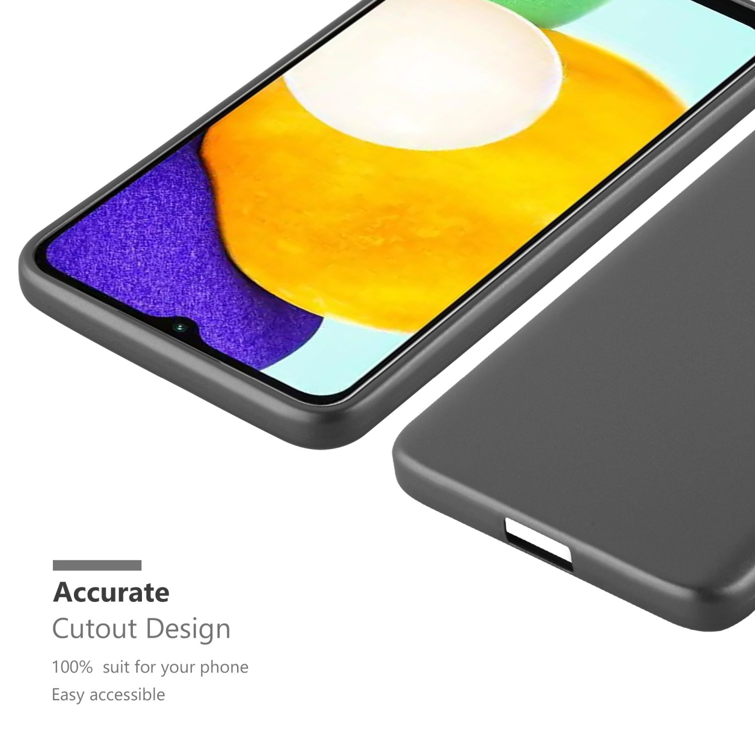 Graue Handyhülle, mit Text „Accurate Cutout Design“. Telefon teilweise sichtbar.