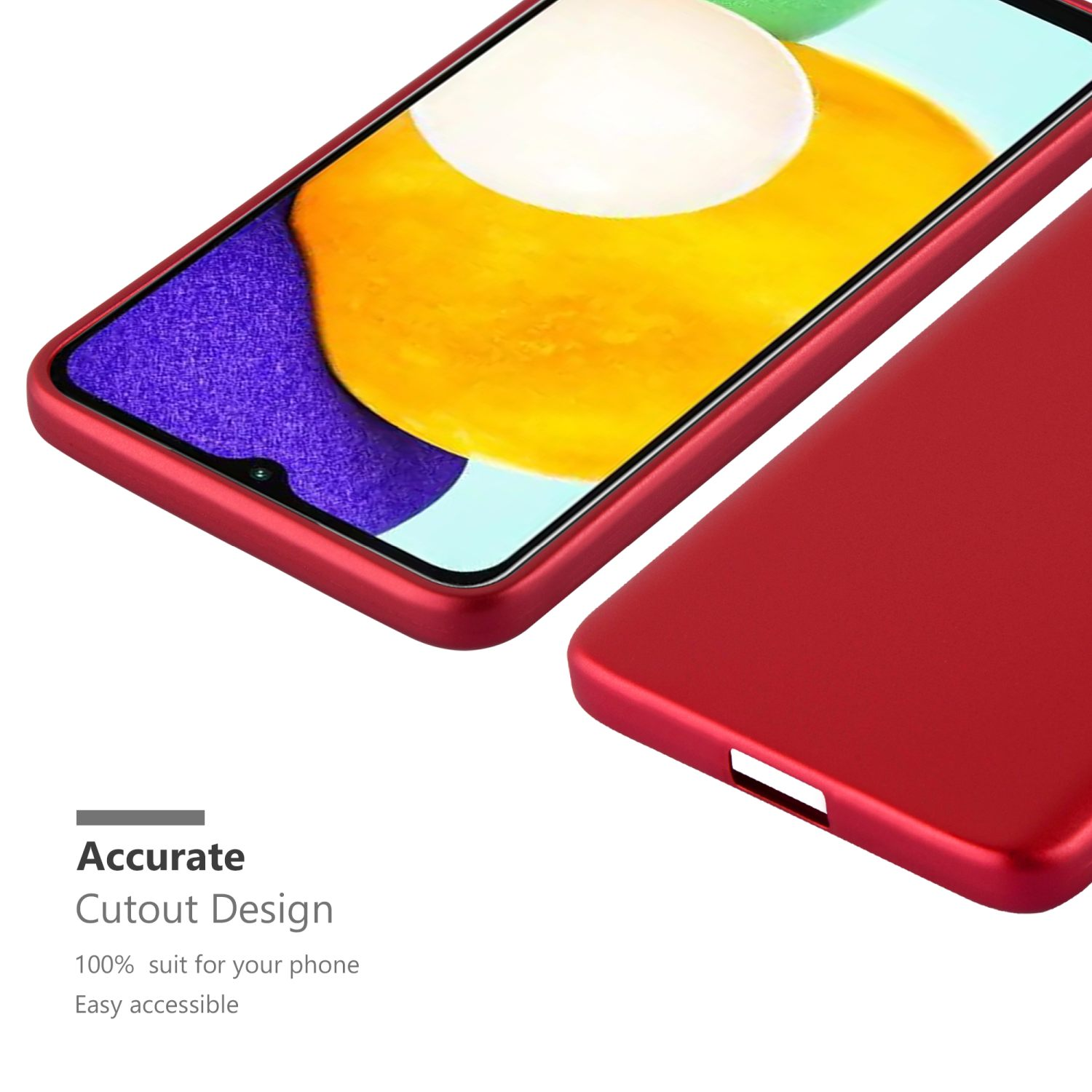 Rote Handyhülle, die ein Telefon zeigt. Text unten: "Exaktes Ausschnittdesign"