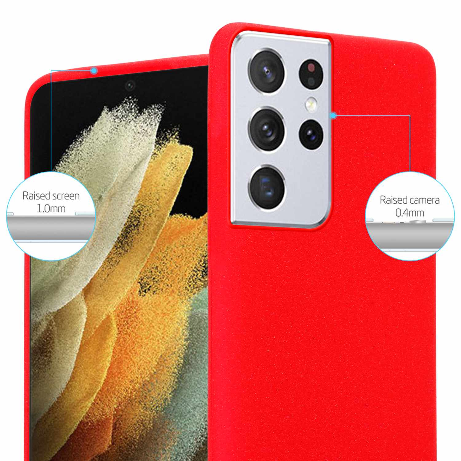 Custodia per telefono rossa con protezione schermo e fotocamera rialzata. Primo piano del retro.