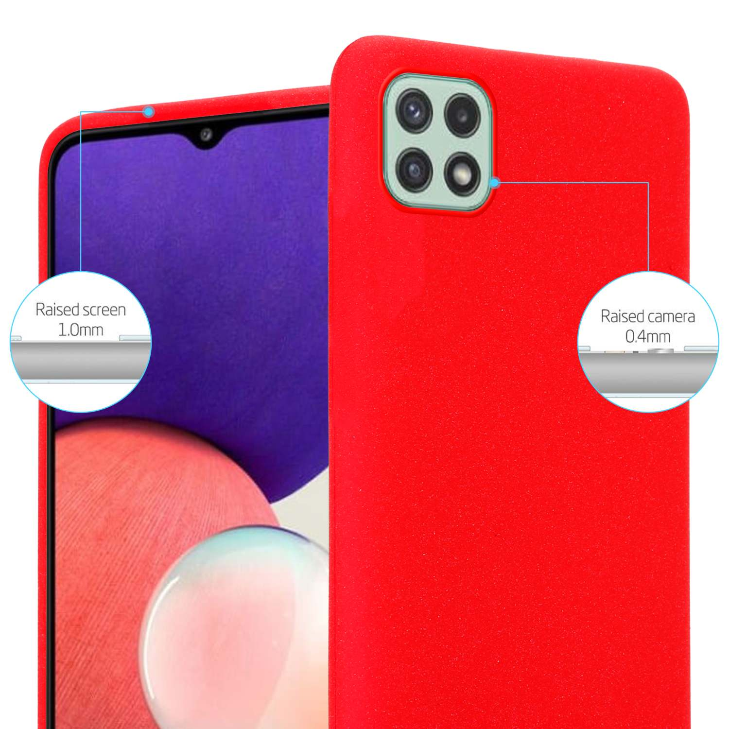 Custodia rossa con telefono all'interno. Viene evidenziata la protezione rialzata dello schermo e della fotocamera.