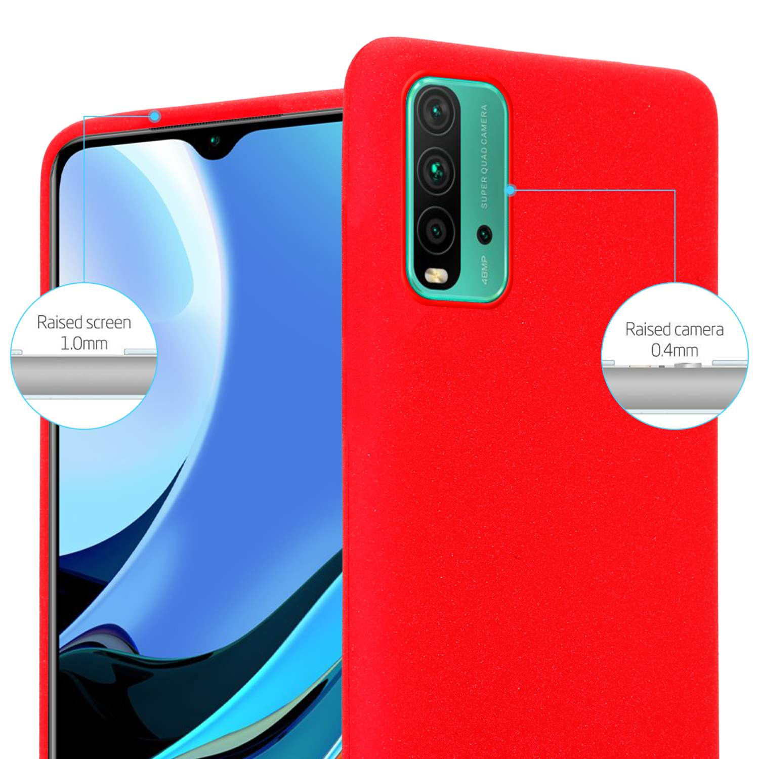 Custodia rossa per telefono con protezione schermo e fotocamera rialzate. Il telefono visualizza uno schermo blu.