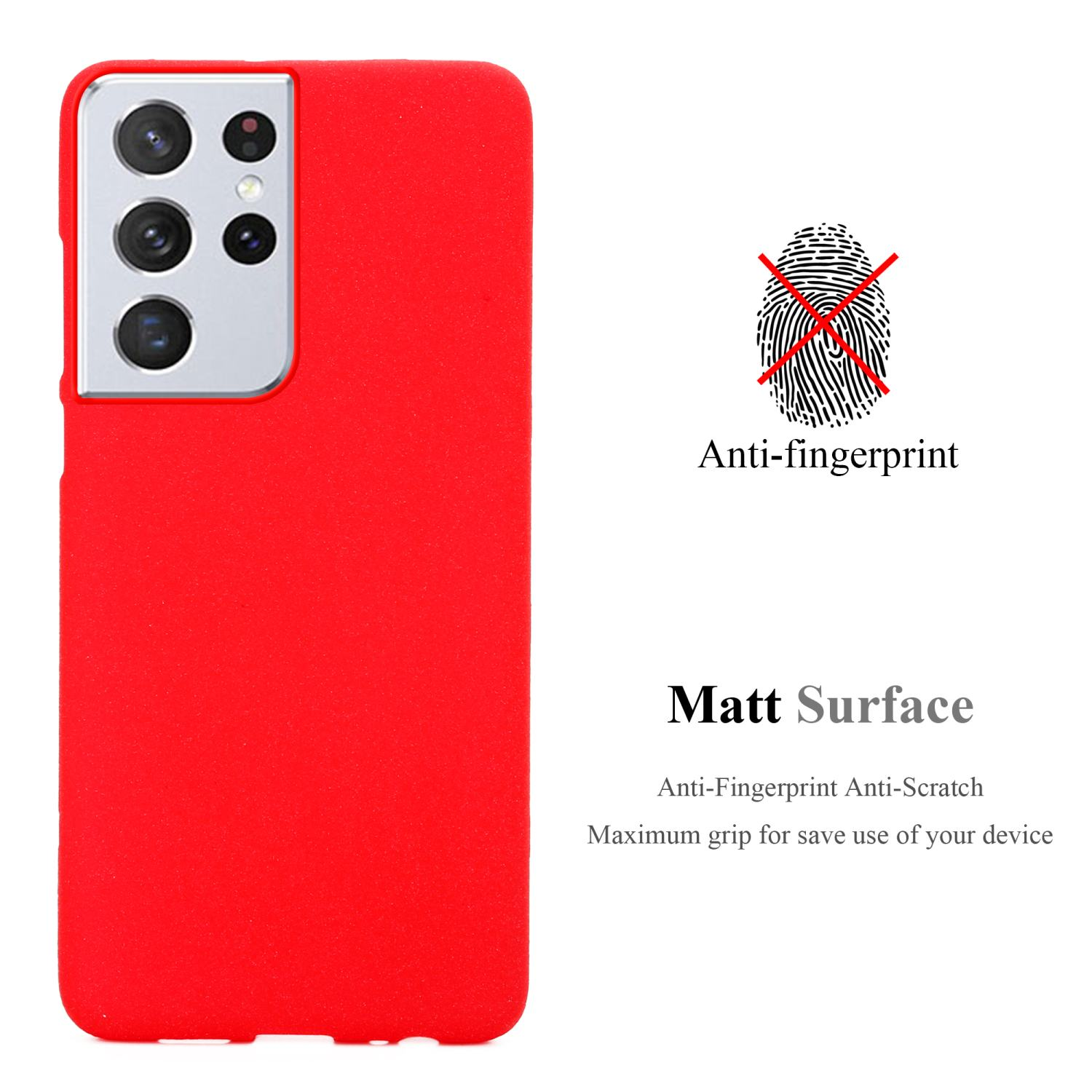 Una custodia per telefono rossa con telefono, funzione anti-impronta e superficie opaca.