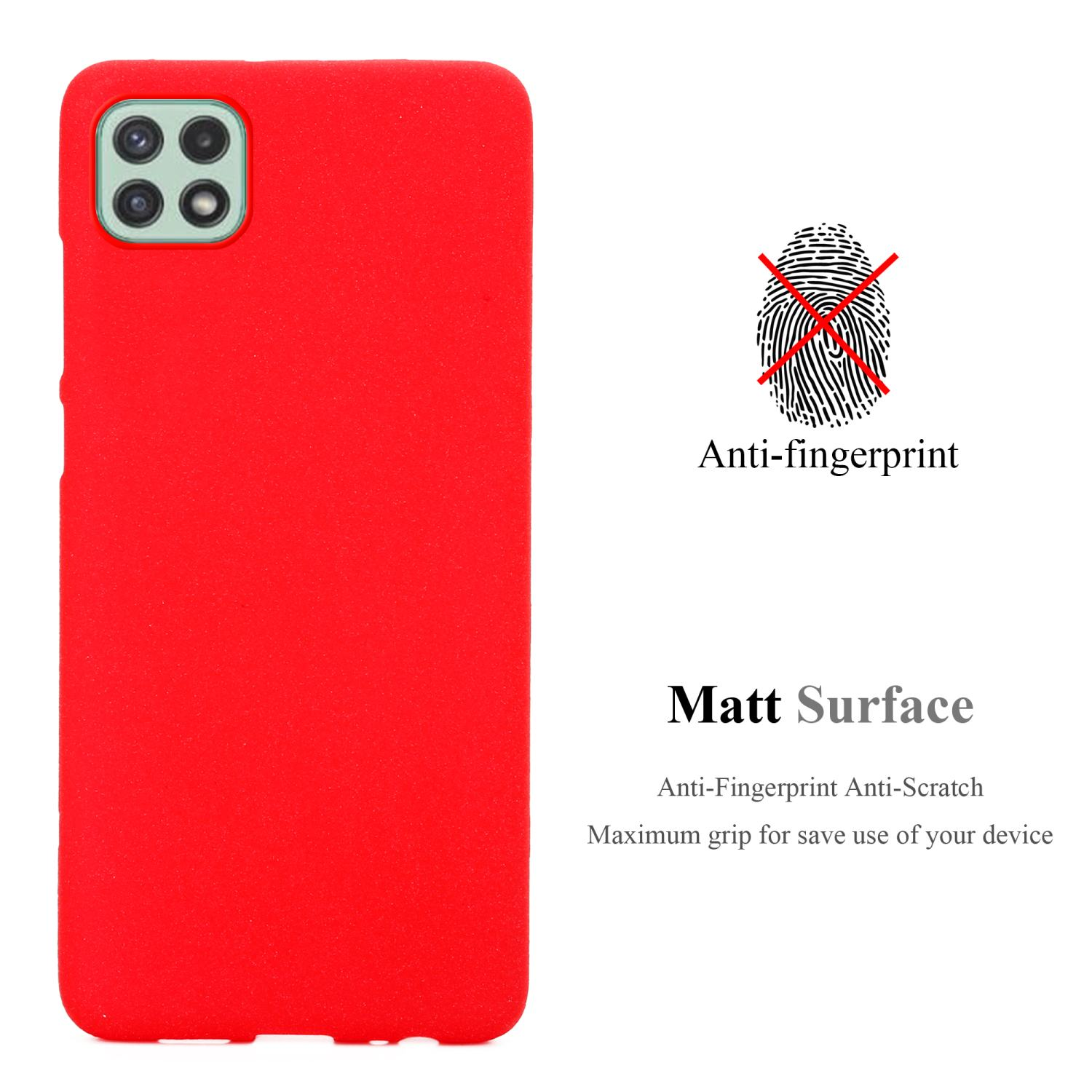 Custodia per telefono rossa con testo anti-impronta. Simbolo di impronta digitale con una linea che lo attraversa.