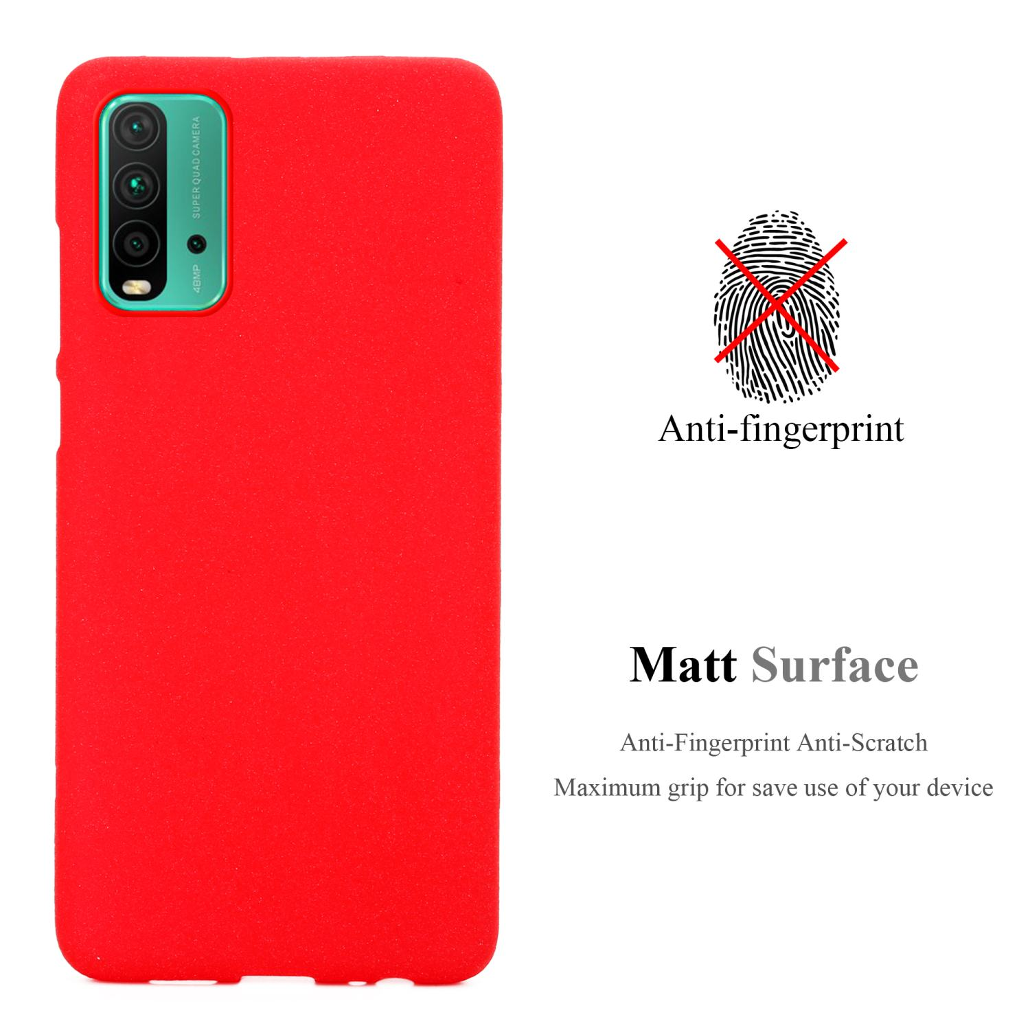 Custodia rossa, anti-impronte. Mostra una custodia rossa con la fotocamera del telefono.