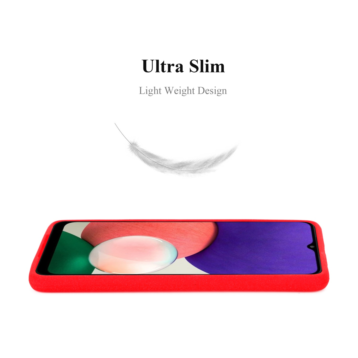 Custodia per telefono rossa, che mostra il telefono. Grafica a forma di piuma. Design ultra sottile e leggero.