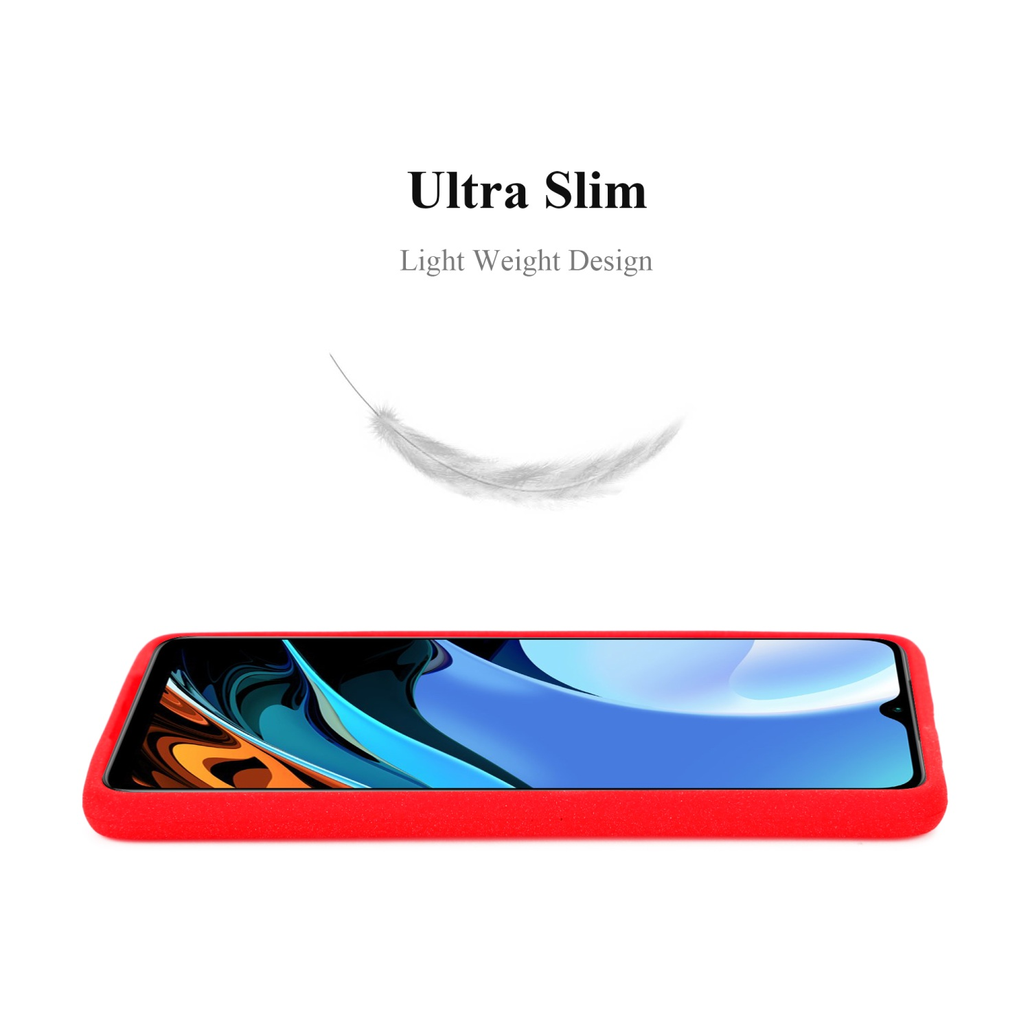 Una custodia per telefono rossa con bordo rosso e la scritta 'Ultra Slim'. Viene mostrata una piuma bianca.