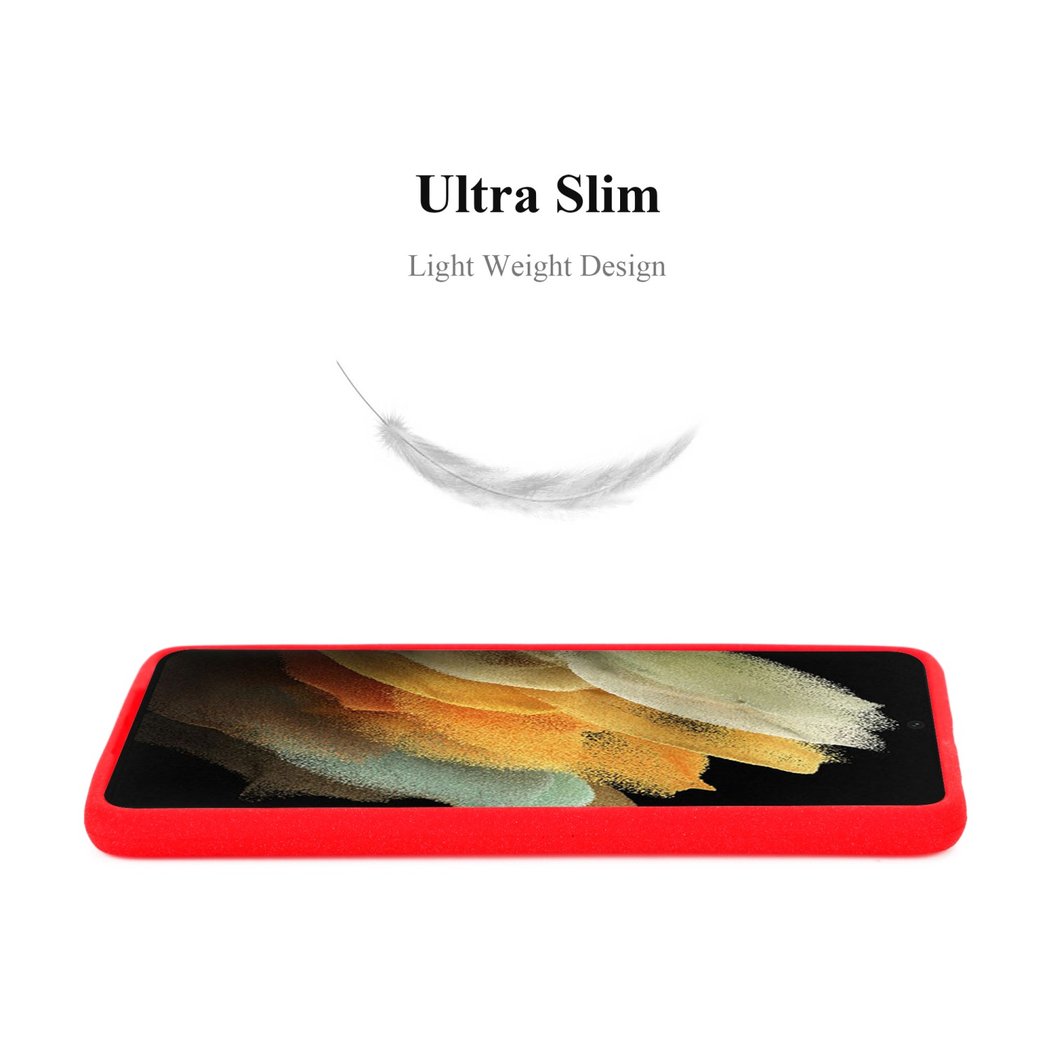 Custodia rossa per telefono. La custodia è di fronte a uno sfondo bianco. Una piuma fluttua.