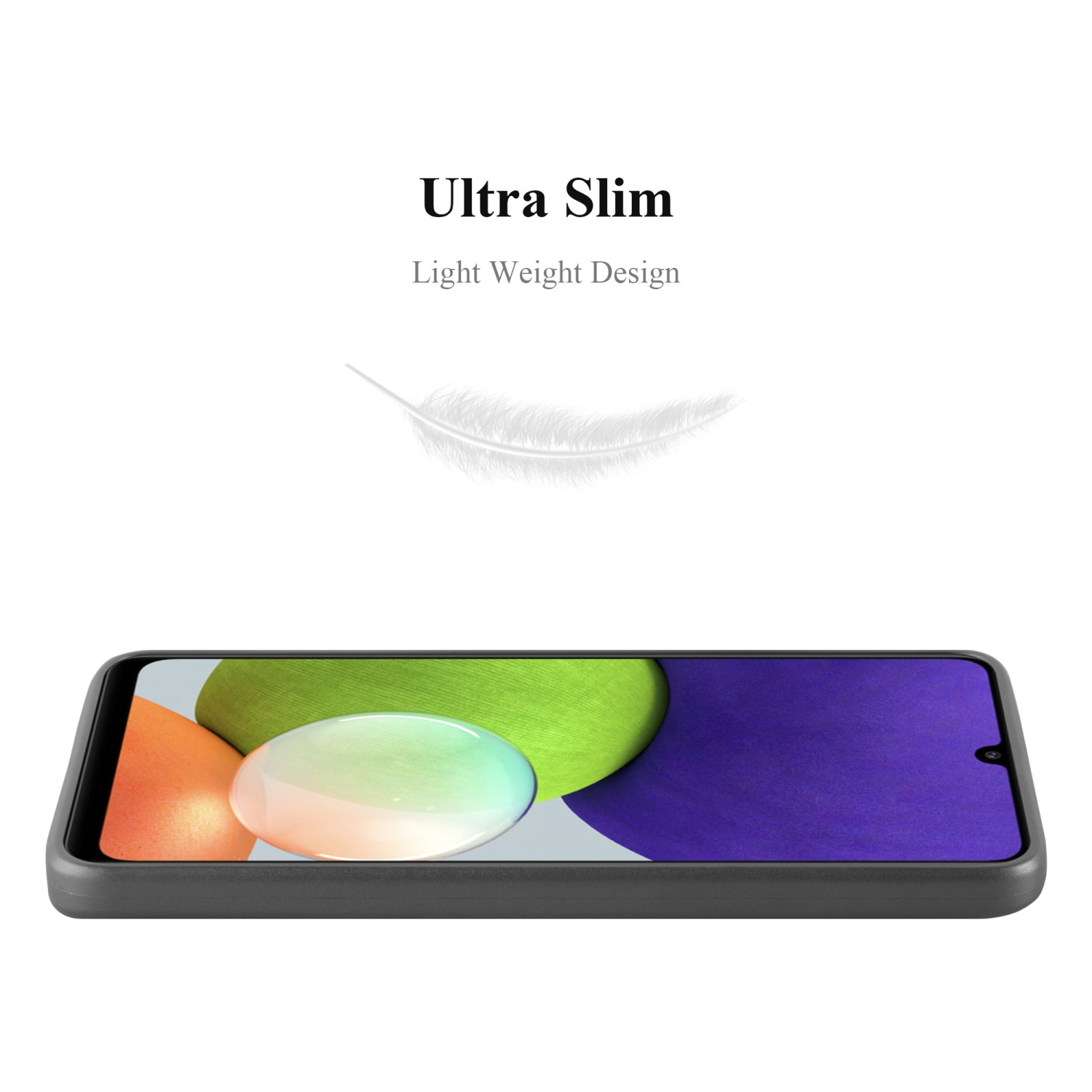 Telefono nero in custodia grigia. Testo: Ultra Slim, Light Weight Design. Una piuma sopra.