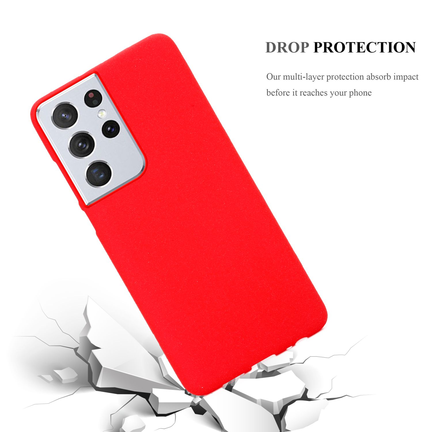 Custodia per telefono rossa con testo di protezione anticaduta su sfondo bianco ed effetto terreno crepato.