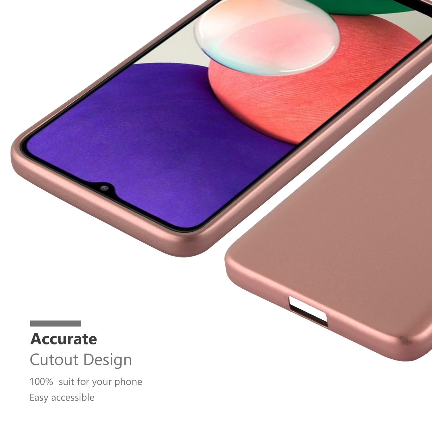 Roségoldene Handyhülle mit Telefon. Text: 'Accurate Cutout Design'.