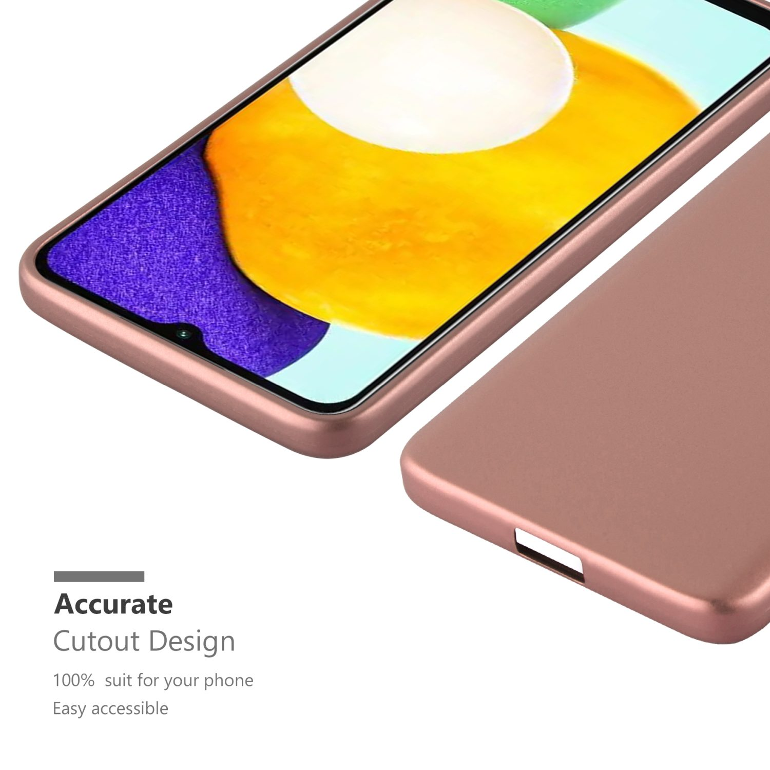 Roségoldenes Handycase mit Handy darin. Das Case ist separat. Der Hintergrund ist weiß.