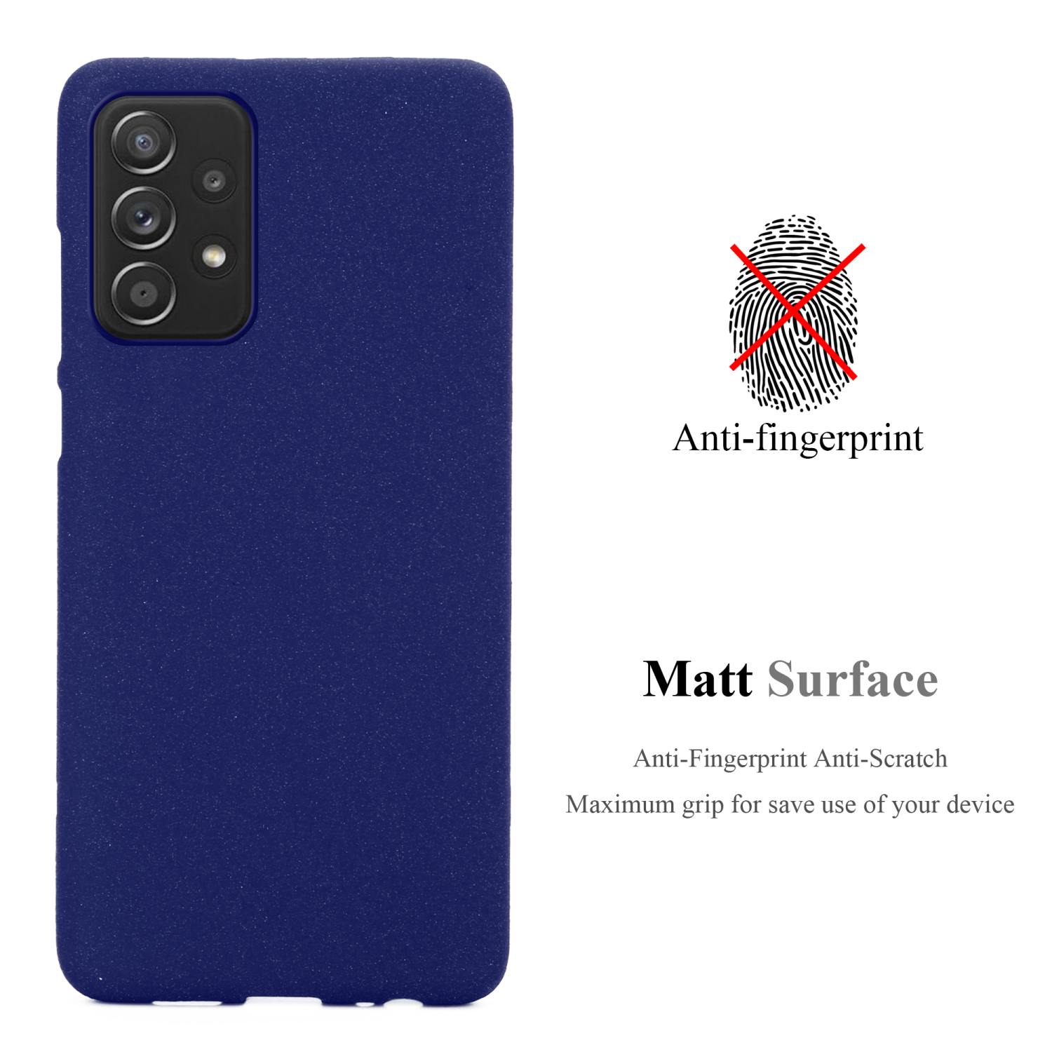 Custodia per telefono blu scuro. Funzione anti-impronta. Sfondo bianco con simbolo dell'impronta digitale e testo.