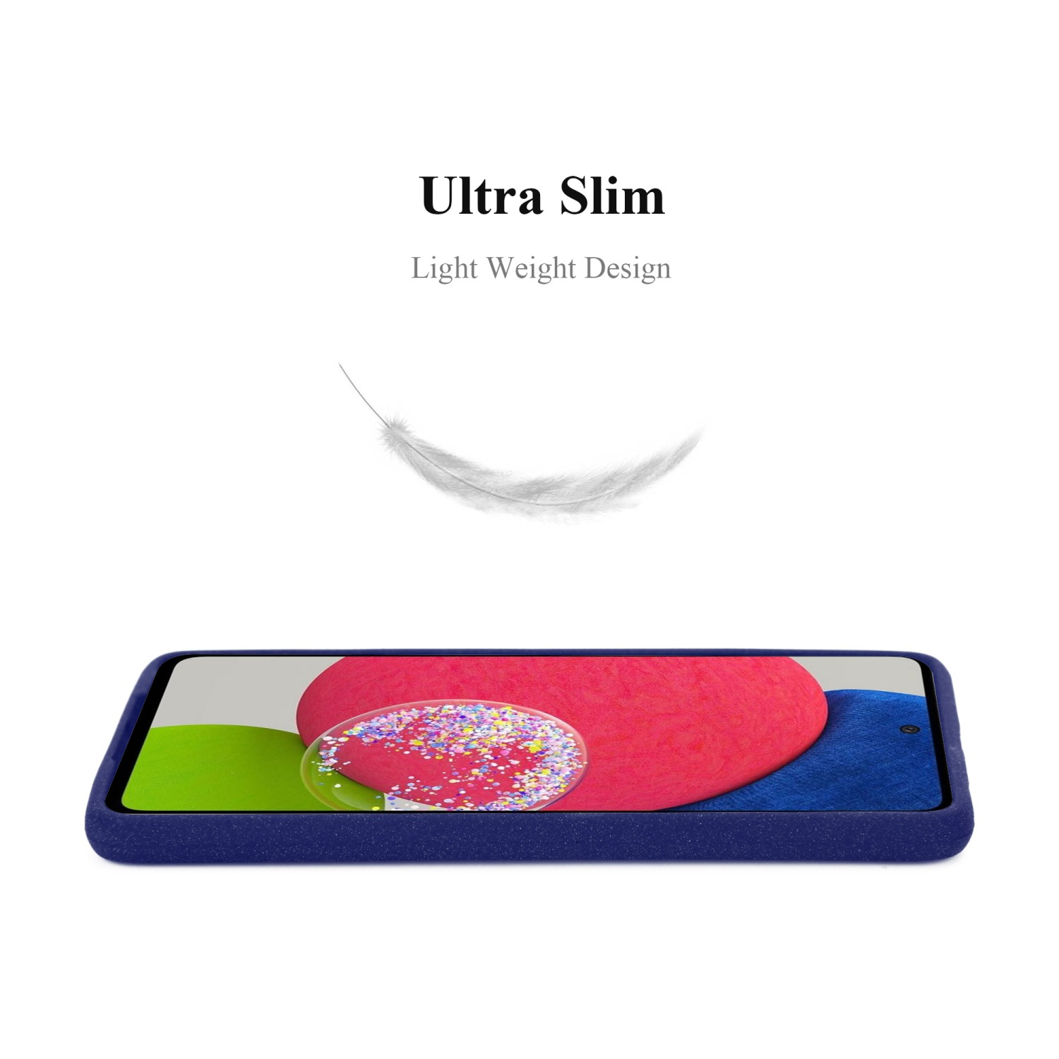Telefono blu scuro in una custodia. Una piuma è mostrata sopra il telefono. Testo: Ultra Slim, Design Leggero.