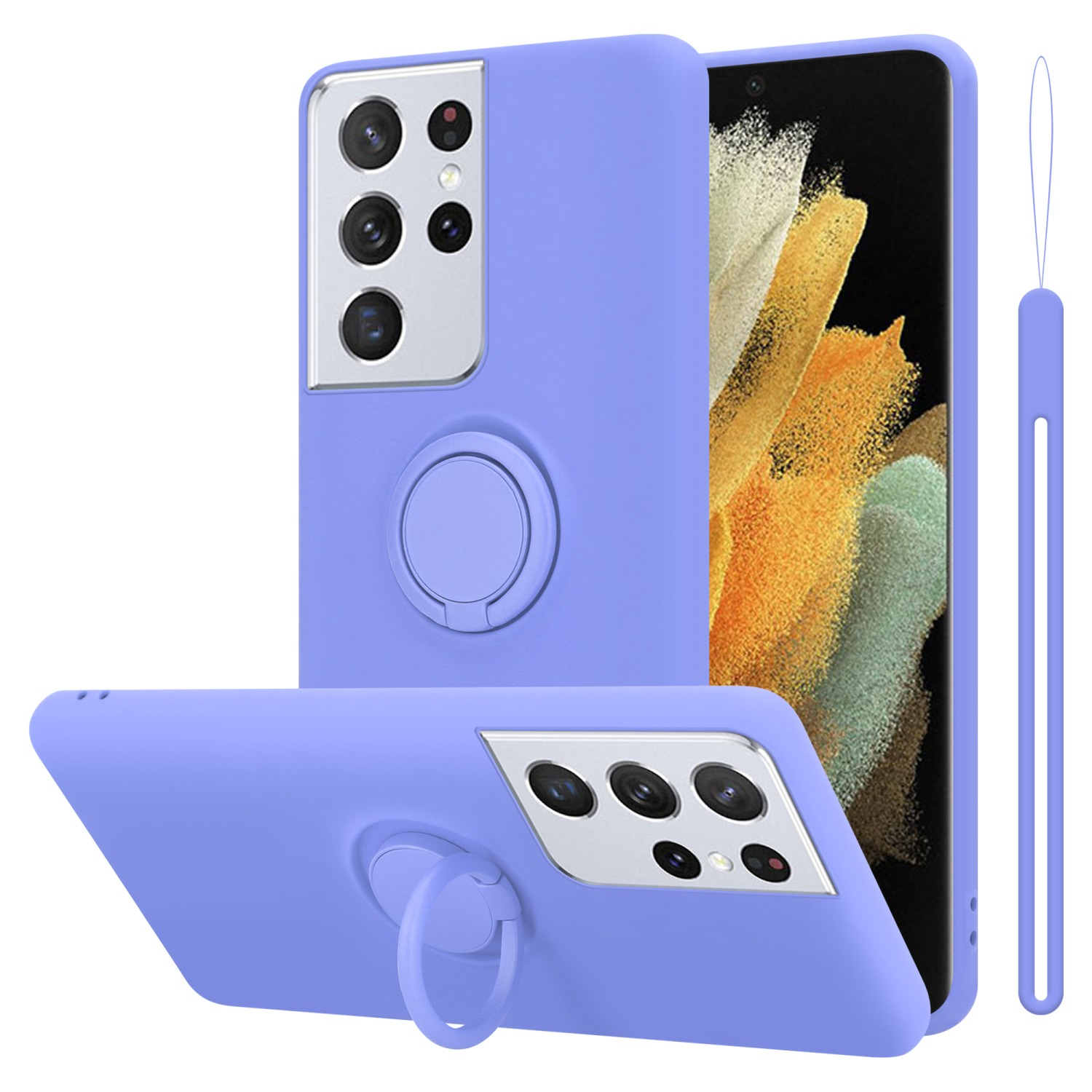 Lila Handyhülle mit Ringhalter und drei Kameras. Das Telefon liegt auf der Seite.