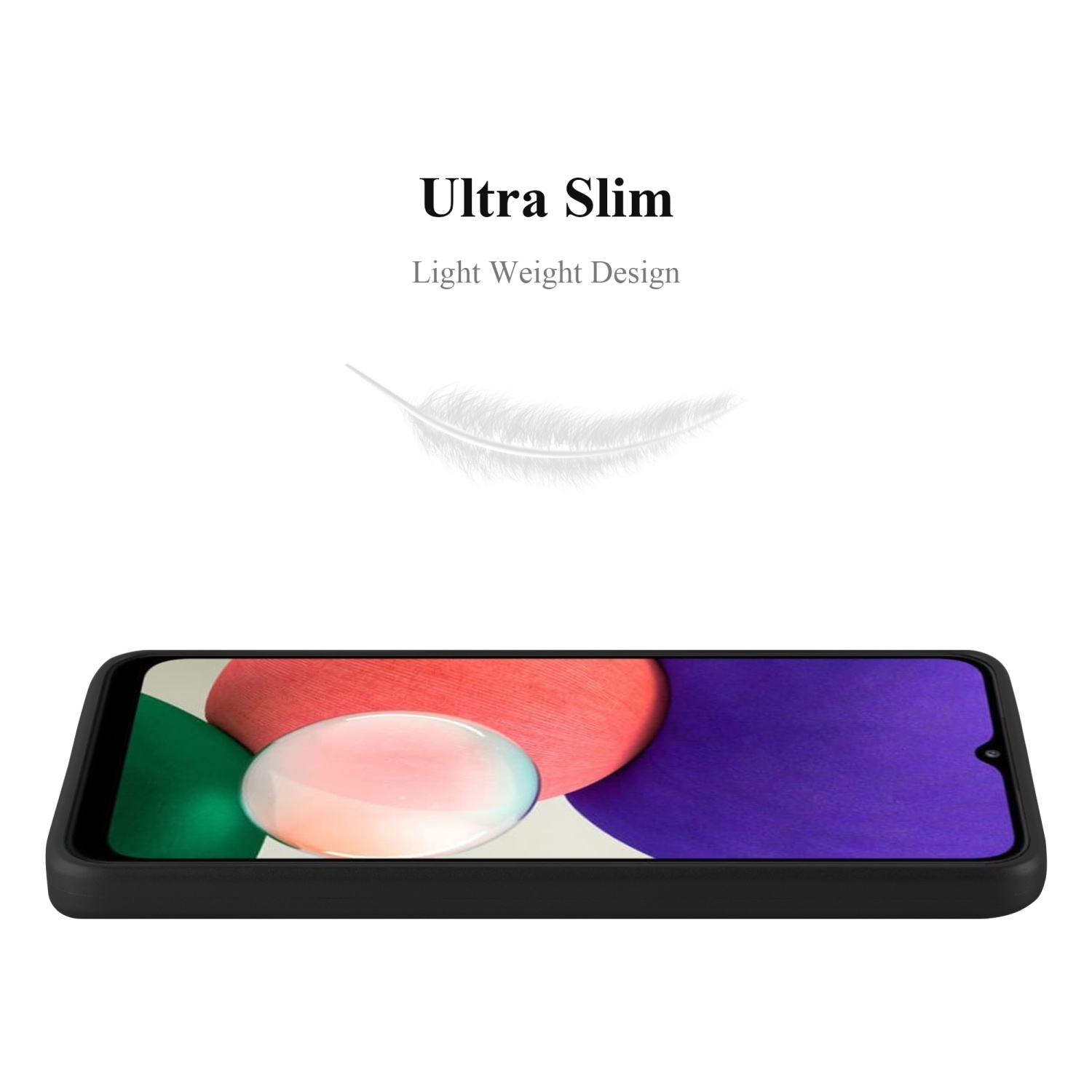 Ein schwarzes Telefon in einer Hülle. Die Hülle ist ultradünn, leicht. Der Bildschirm ist sichtbar.