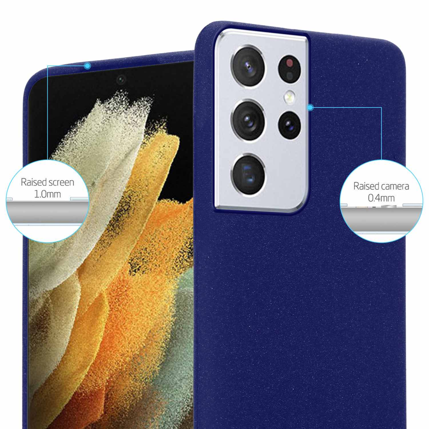Custodia blu scuro con bordi rialzati per schermo e fotocamera. Mostra le misure.